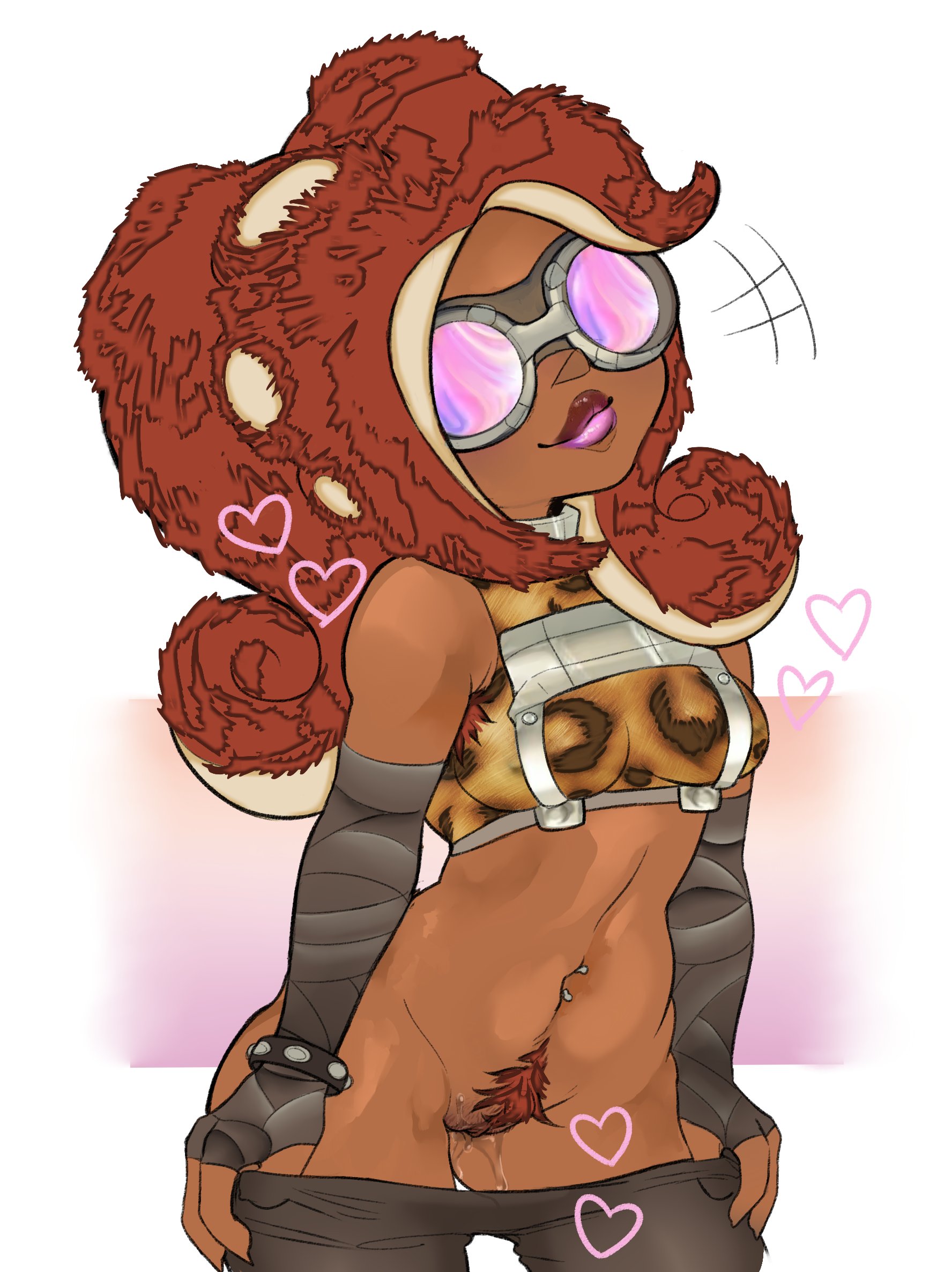 1girls, arm wraps, armpit hair, bracelet, cephalopod, cephalopod humanoid, crop top, dark skin, dark-skinned female, female, female focus, female only, freaksinf, fuzzy, fuzzy octoling, genital fluids, goggles, legwear, leopard print, lips, lipstick, mollusk, mollusk humanoid, nintendo, nintendo switch, octoling, octoling rival, octopus, octopus humanoid, pants, pseudo hair, pubic hair, pussy juice, pussy juice drip, solo, solo female, solo focus, splatoon, splatoon (series), splatoon 3, splatoon 3: return of the mammalians, taking clothes off, tan body, tan skin, tentacle, tentacle hair, undressing