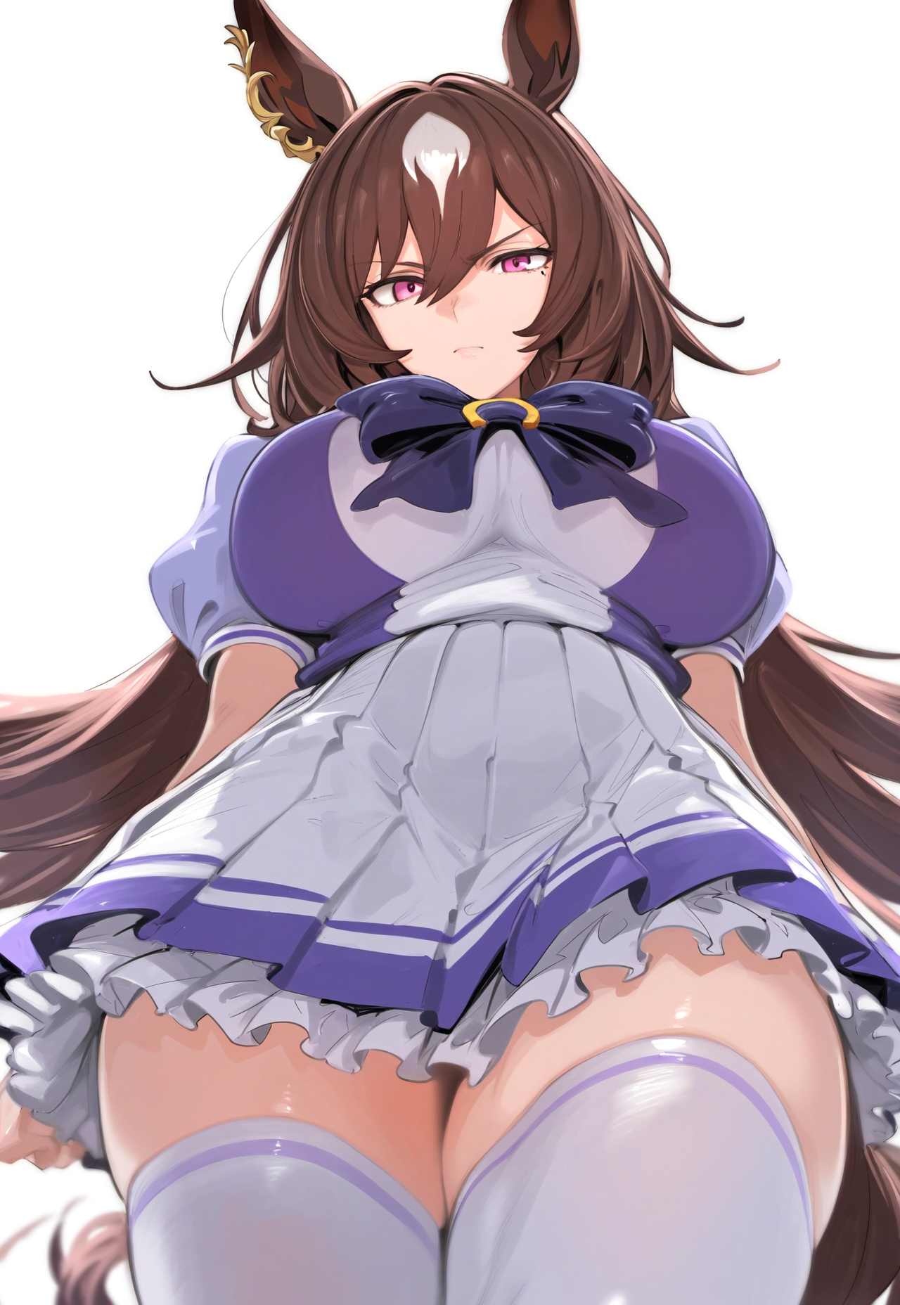 ai generated, animal ears, brown hair, female, horse girl, long hair, markings, markings on head, red eyes, sirius symboli (umamusume), skirt, socks, thighs, tracen school uniform, umamusume, umamusume pretty derby