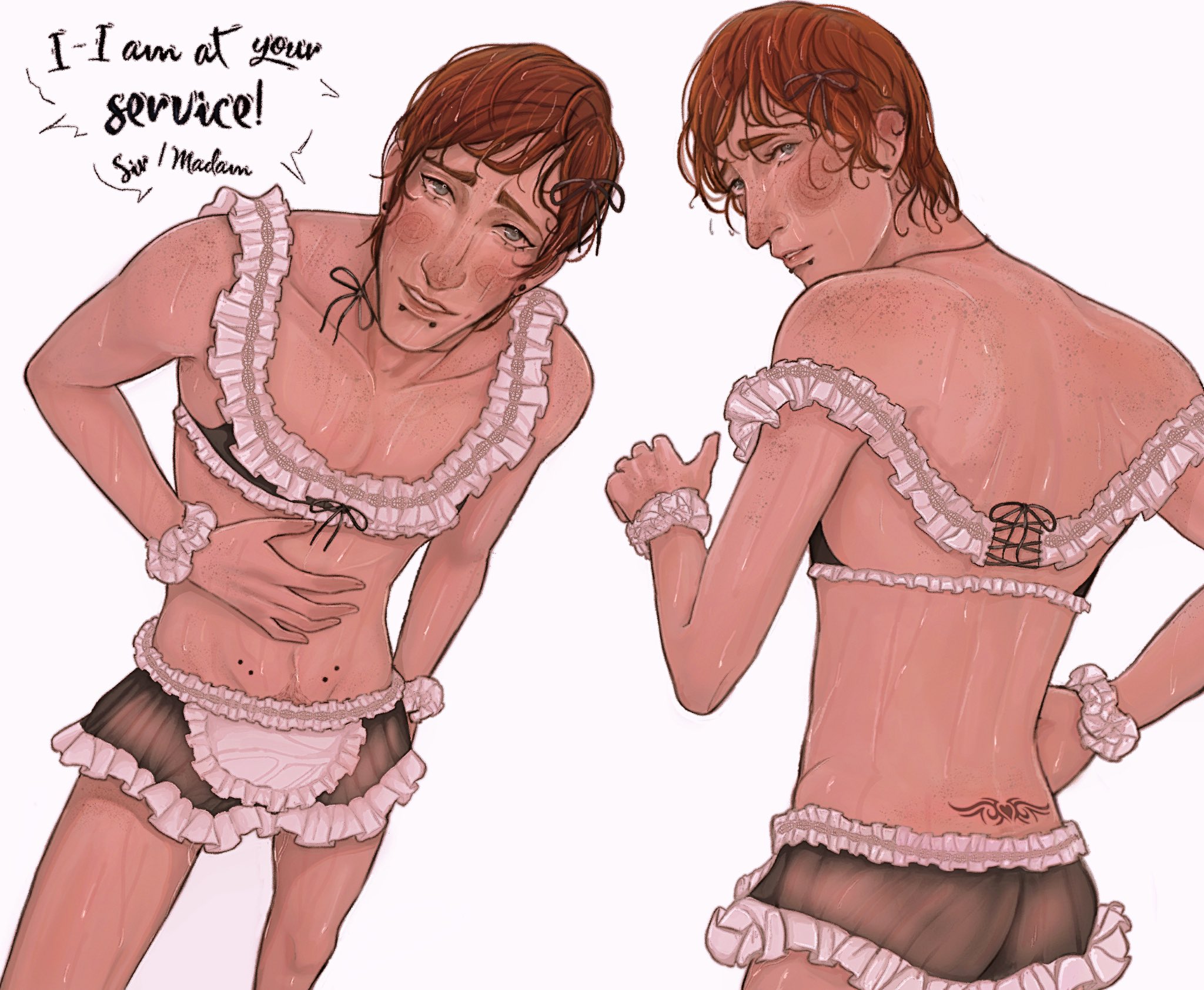 ass, bowing, bowing before viewer, dispatch (game), maid apron, maid outfit, male, male only, solo, solo male, twink, waterboy (dispatch)
