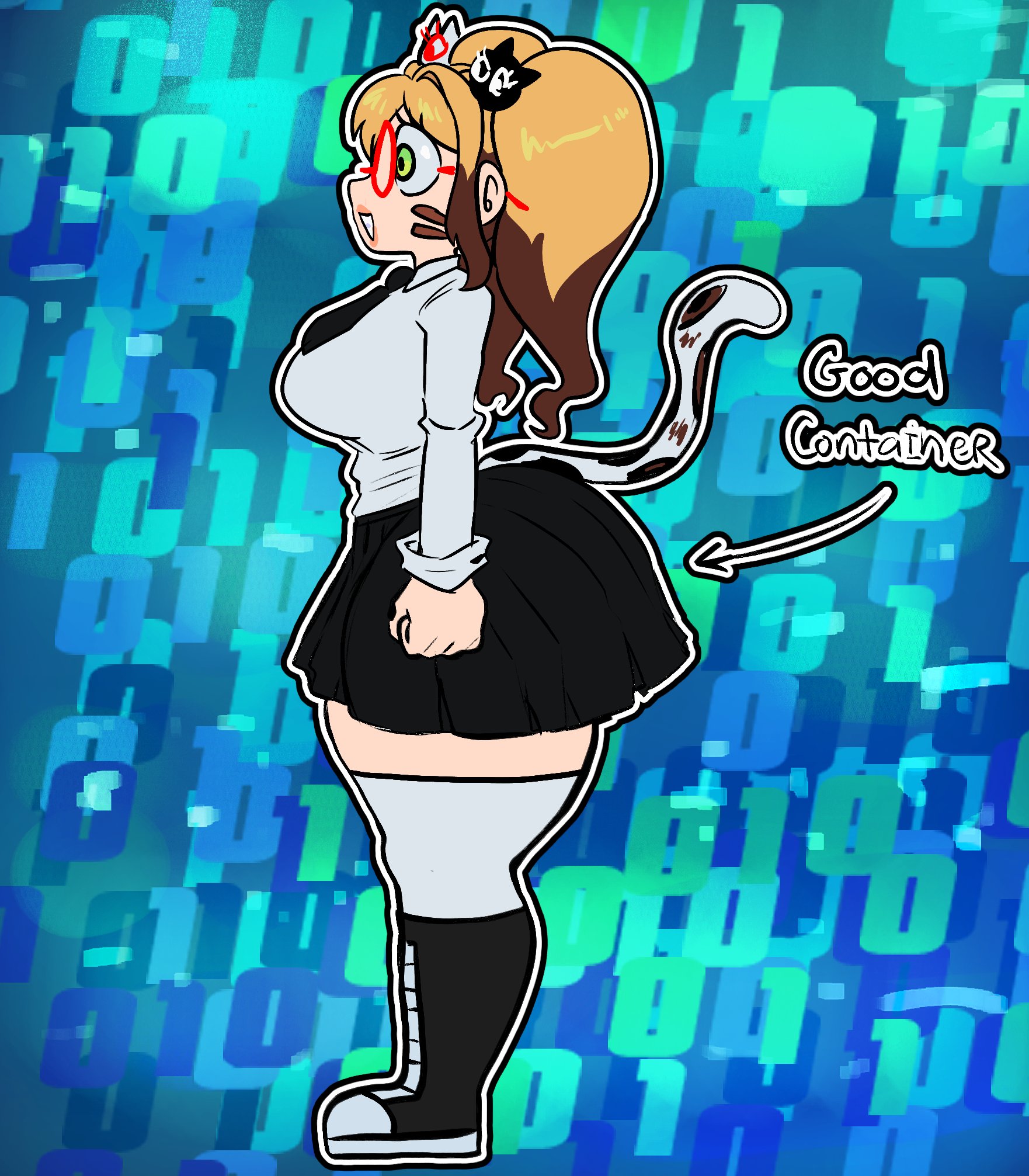 1girls, 2025, 5 fingers, adorasexy, alternate version available, ass, big ass, big breasts, blonde hair, cat girl, catgirl, clothed, clothed female, comedy, cute, evil container, female, funny, glasses, green eyes, humor, lemonadepikachu, light skin, light-skinned female, meme, original, original character, red glasses, shelly (lemonadepikachu), side view, skirt, tagme, thick thighs, twintails, two-tone hair