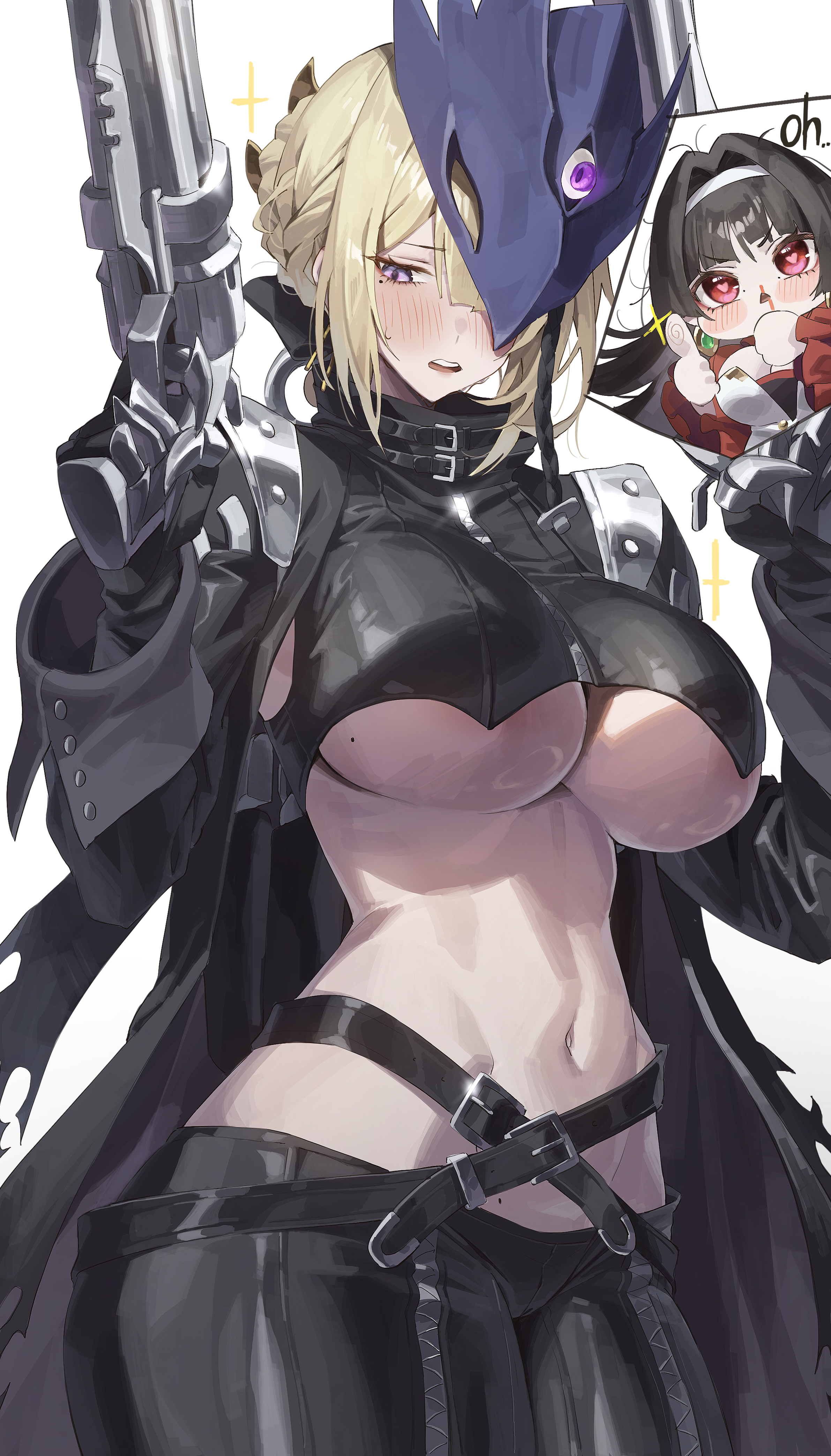 2girls, absurdres, astra yao, beelstarmon (cosplay), black hair, black pants, blonde hair, blood, blush, breasts, coin, cosplay, cowboy shot, digimon, evelyn chevalier, gun, hair intakes, highres, holding, holding gun, holding weapon, large breasts, looking down, mole, mole on breast, mole under eye, multiple girls, navel, netural, nosebleed, pants, parted lips, purple eyes, ring hair ornament, short hair, sidelocks, simple background, solo focus, stomach, thumbs up, tight clothes, tight pants, underboob, weapon, white background, zenless zone zero
