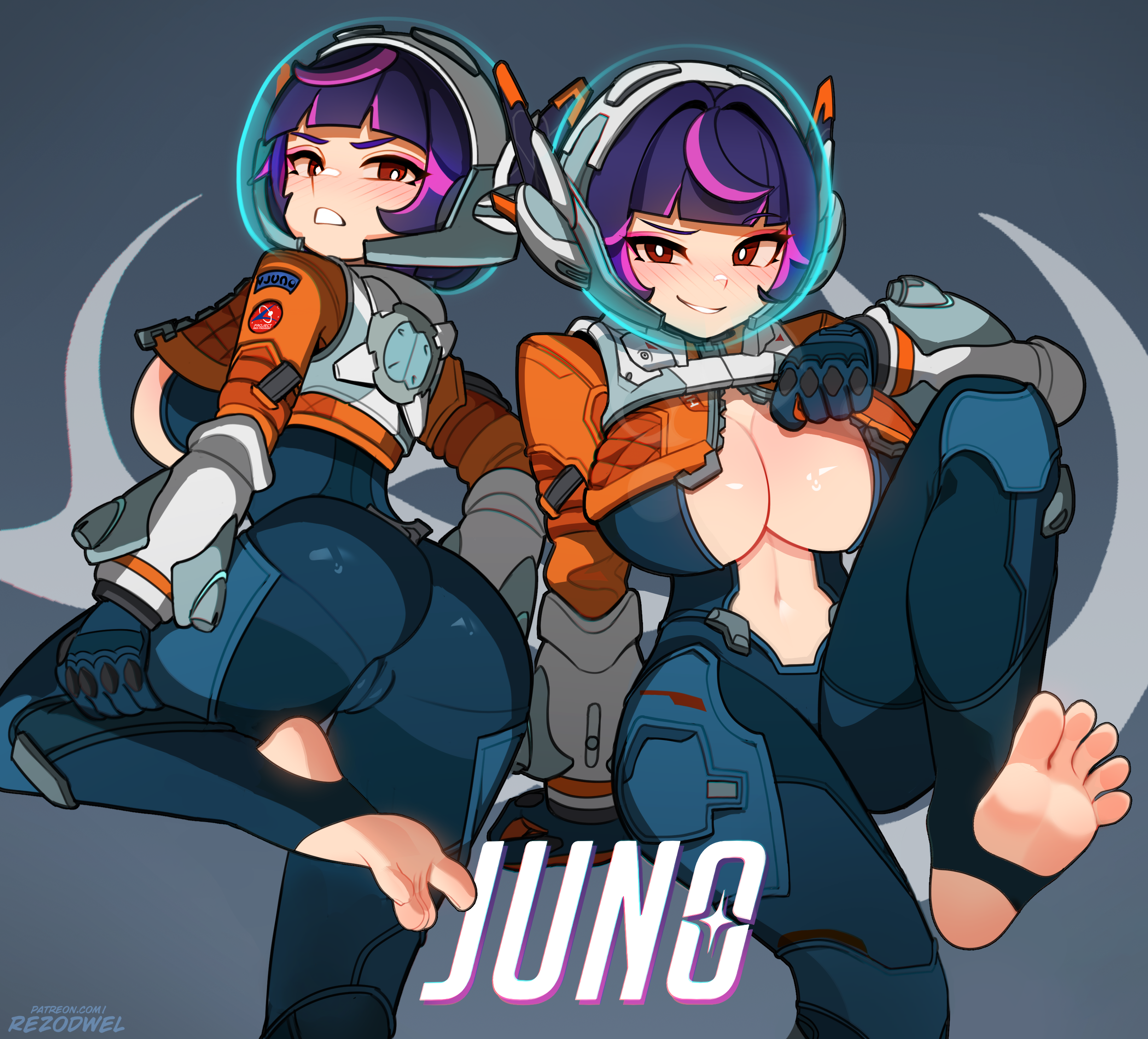 1girls, 2d, alternate breast size (larger), artist name, ass, barefoot, blue background, blue bodysuit, blunt bangs, blush, bodysuit, breasts, bright pupils, cameltoe, character name, commentary, cropped jacket, english commentary, feet, female, fishbowl helmet, huge breasts, invisible chair, jacket, juno (overwatch), knee up, legs, looking at viewer, multicolored hair, multiple views, navel, orange jacket, overwatch, overwatch 2, partially unzipped, patreon, patreon username, purple hair, red eyes, rezodwel, short hair, simple background, sitting, smile, soles, spread toes, stirrup legwear, streaked hair, toeless legwear, toes, uncensored, watermark, web address, white pupils