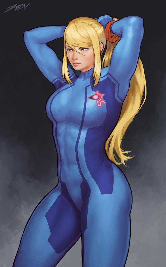 1girls, arms behind head, arms up, artist request, blonde hair, blue bodysuit, blue clothing, blue eyes, blue rubber, bodysuit, breasts, covered navel, cowboy shot, curvaceous, female, female only, fully clothed, hair between eyes, hi res, high ponytail, highres, impossible bodysuit, impossible clothes, large breasts, long hair, long sleeves, looking at viewer, metroid, nintendo, nipples, ponytail, putting up hair, rubber, rubber clothing, rubber suit, samus aran, shiny clothes, skin tight, solo, tagme, thigh gap, tight clothing, turtleneck, wide hips, zero suit, zero suit samus