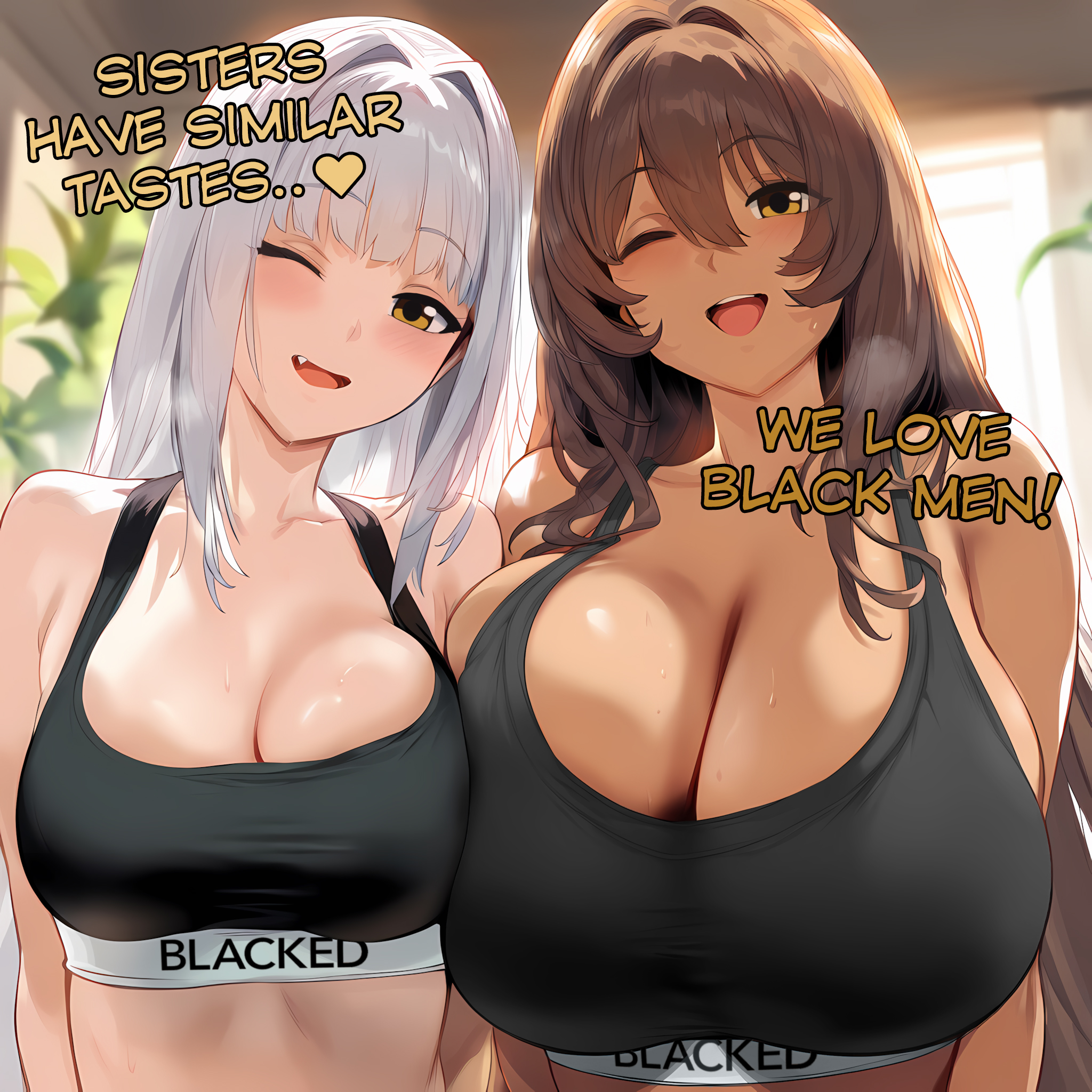 2girls, ai generated, blacked, blacked clothing, blanc (nikke), brown hair, dark-skinned female, english, english text, female only, goddess of victory: nikke, himeno, huge breasts, light-skinned female, noir (nikke), raceplay, shift up, small breasts, text, white hair