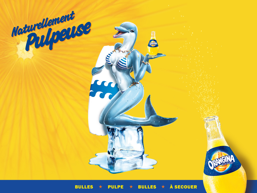 4:3 advertisement anthro anthro_only bikini cetacean dolphin eyeshadow female ffl_paris ice_cube lipstick marine necklace orangina poster skimpy solo wallpaper