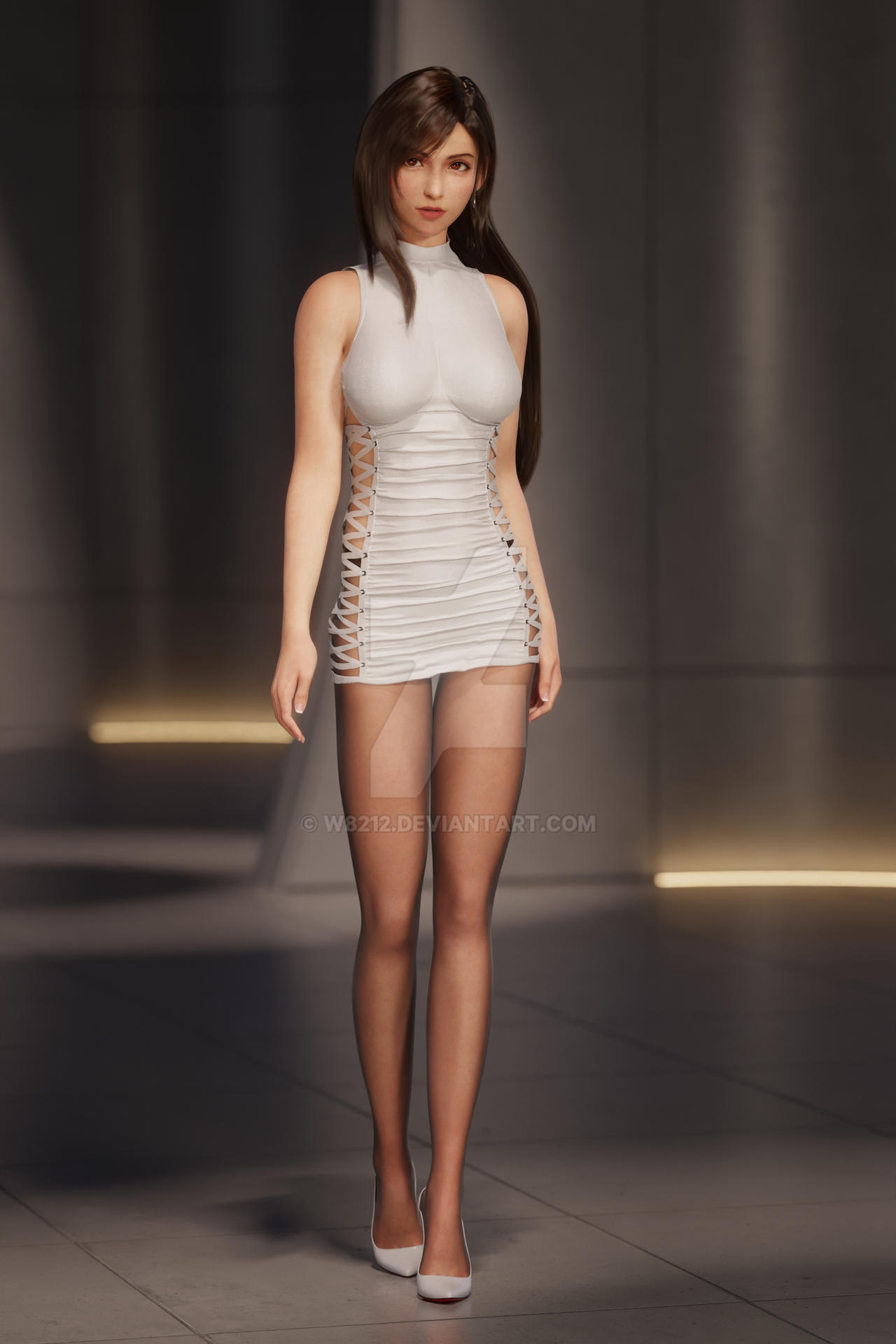 3d, 3d (artwork), 3d model, 3d render, asian, asian female, black hair, deviantart, deviantart logo, dress, final fantasy, final fantasy vii, final fantasy vii rebirth, final fantasy vii remake, fit, fit female, high heels, highres, long hair, looking at viewer, pantyhose, red eyes, revealing dress, tifa lockhart, tight dress, w1lson82, walking, walking towards viewer, watermark, white dress, white high heels