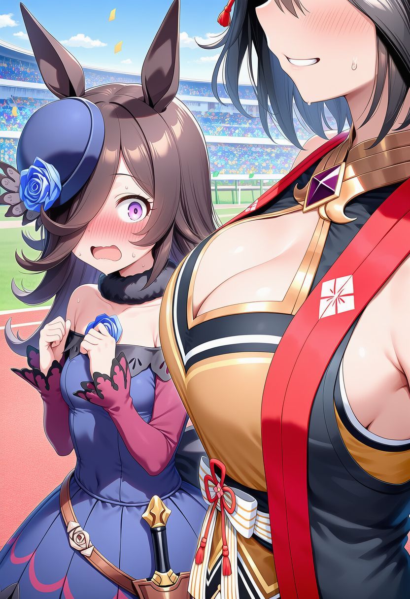 2girls, ai generated, black hair, cleavage, hair over one eye, kitasan black (gilded shrine to glory) (umamusume), kitasan black (umamusume), large breasts, long hair, looking at another, rice shower (umamusume), umamusume