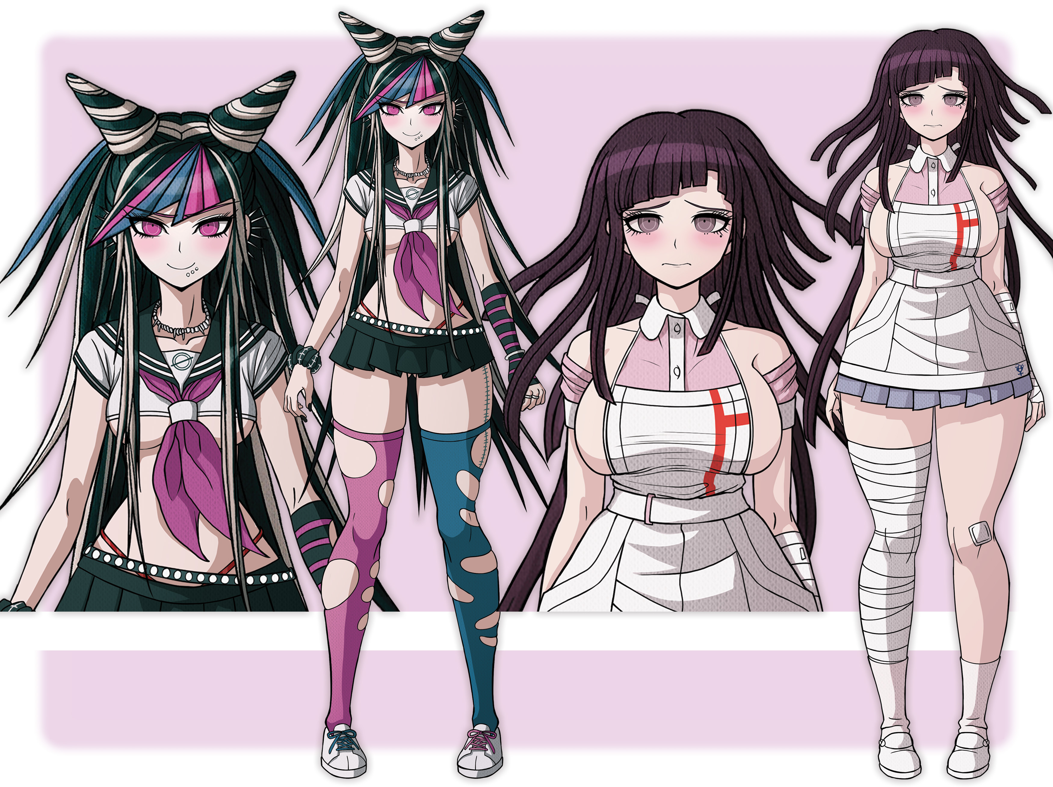 2girls, absurdres, bandages, blush, breasts, curvy, danganronpa, danganronpa (series), danganronpa 2: goodbye despair, ear piercing, female, female focus, female only, full body, gluteal fold, hair horns, highres, jewelry, large breasts, long hair, looking at viewer, middinos, miniskirt, mioda ibuki, mole, mole under eye, multicolored hair, multiple girls, nail polish, nurse, piercing, pink eyes, purple hair, ring, sideboob, skirt, streaked hair, tattoo, thick thighs, thighhighs, thighs, torn clothes, tsumiki mikan, underboob, wide hips