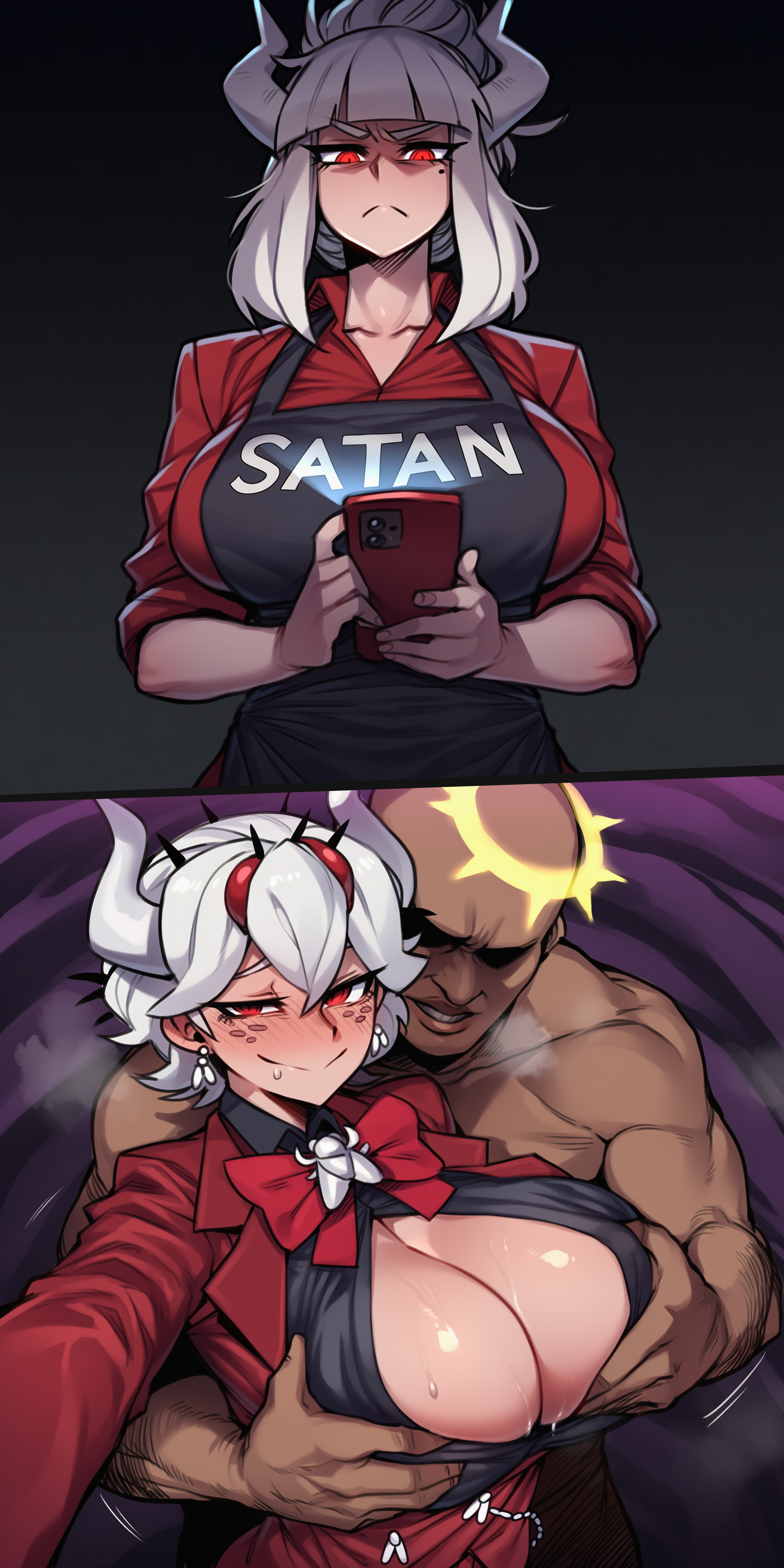 1boy, 2girls, ai generated, angel, beelzebub (helltaker), big breasts, dark-skinned male, demon, demon girl, demon horns, faceless male, groping breasts, groping from behind, halo, helltaker, light-skinned female, lucifer (helltaker), pel0v, phone, red eyes, self upload, selfie, simple background, suit, white hair