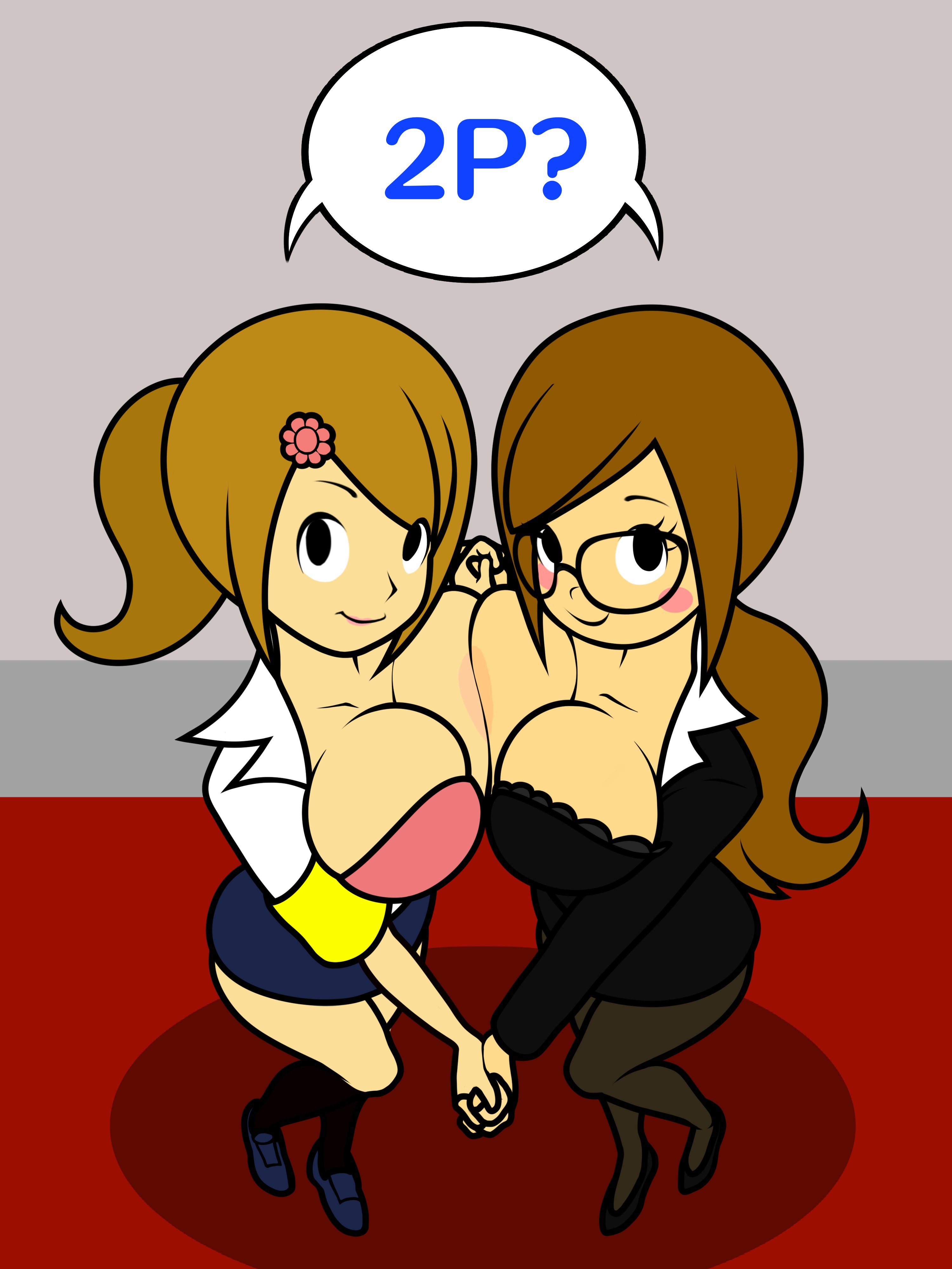2girls, assistant (rhythm heaven), breasts to breasts, brown hair, female, glasses, holding hands, large breasts, lingerie, nintendo, office lady, reporter (rhythm tengoku), rhythm heaven, rhythm heaven fever, rhythm tengoku, sleepiitreat, smile, symmetrical docking, yuri