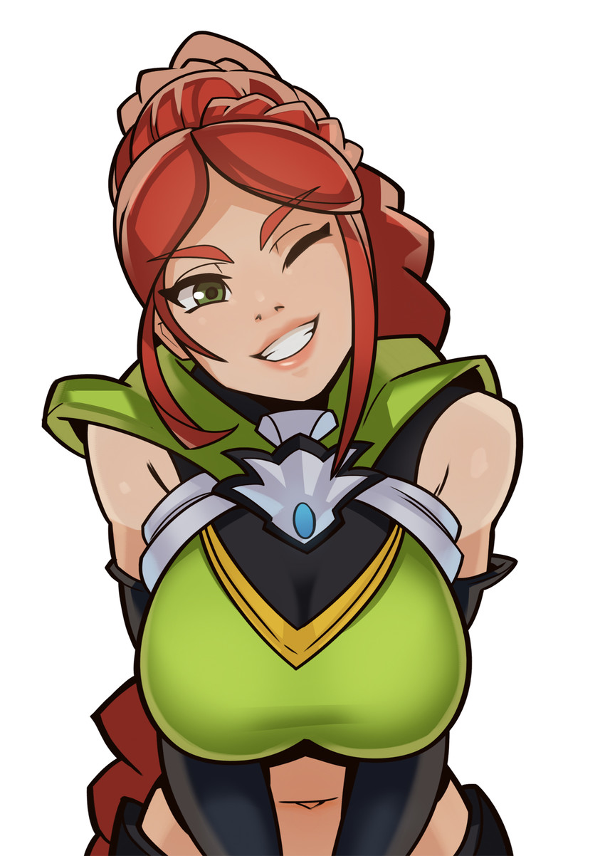 1girls 2016 big_breasts breasts cassie_(paladins) female female_only hi-rez_studios large_breasts paladins_(game) red_hair smile solo splashbrush timber_cassie