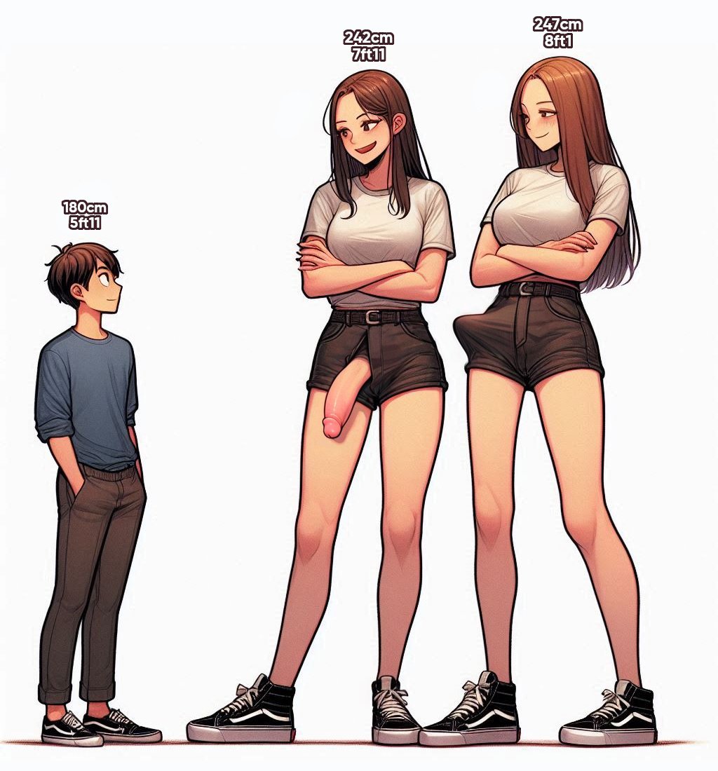 ai generated, bulge, bulge through clothing, clothed, clothing, crossed arms, flaccid, flaccid penis, futa on male, futadom, futanari, giantess, hanging penis, height comparison, height difference, large penis, larger female, larger futa, light skin, light-skinned futa, light-skinned male, penis, shorter male, size difference, smaller male, sneakers, spalela, taller female, wardrobe malfunction
