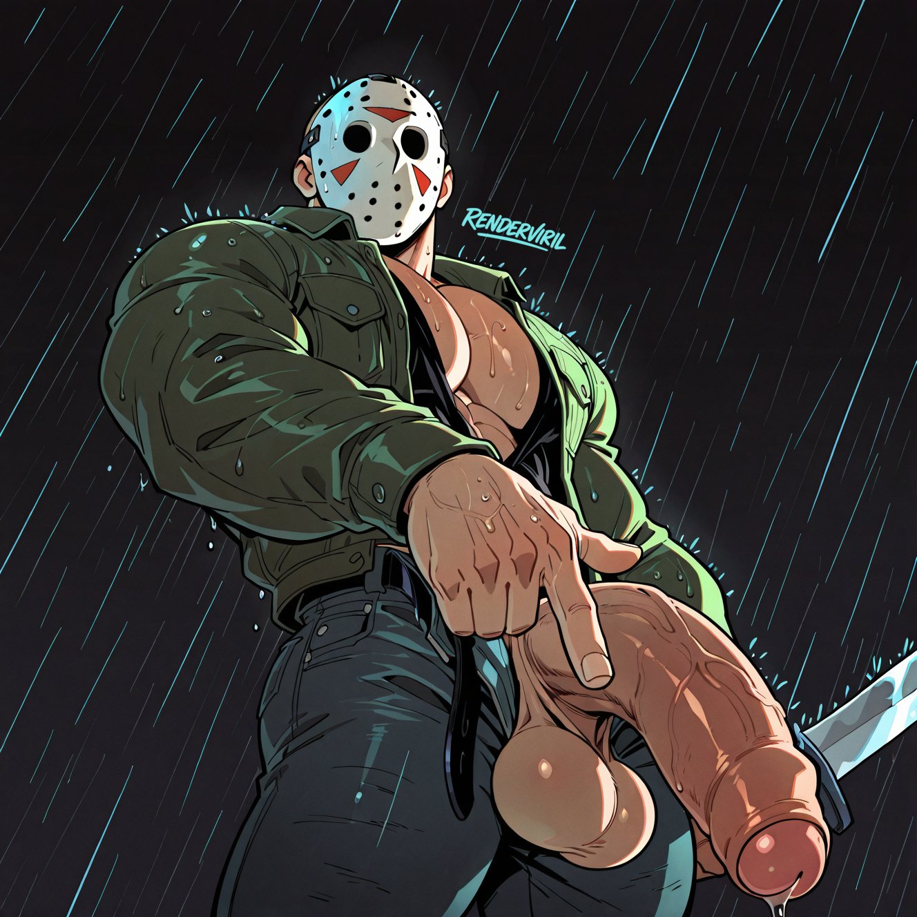 abs, ai generated, alerastheria, balls, bara, biceps, big balls, big penis, civitai, clothing, friday the 13th, gay, himbo, hockey mask, jason voorhees, male, male only, manly, mask, masked, masked male, muscular male, pecs, penis, precum, precum drip, tight clothing, wet