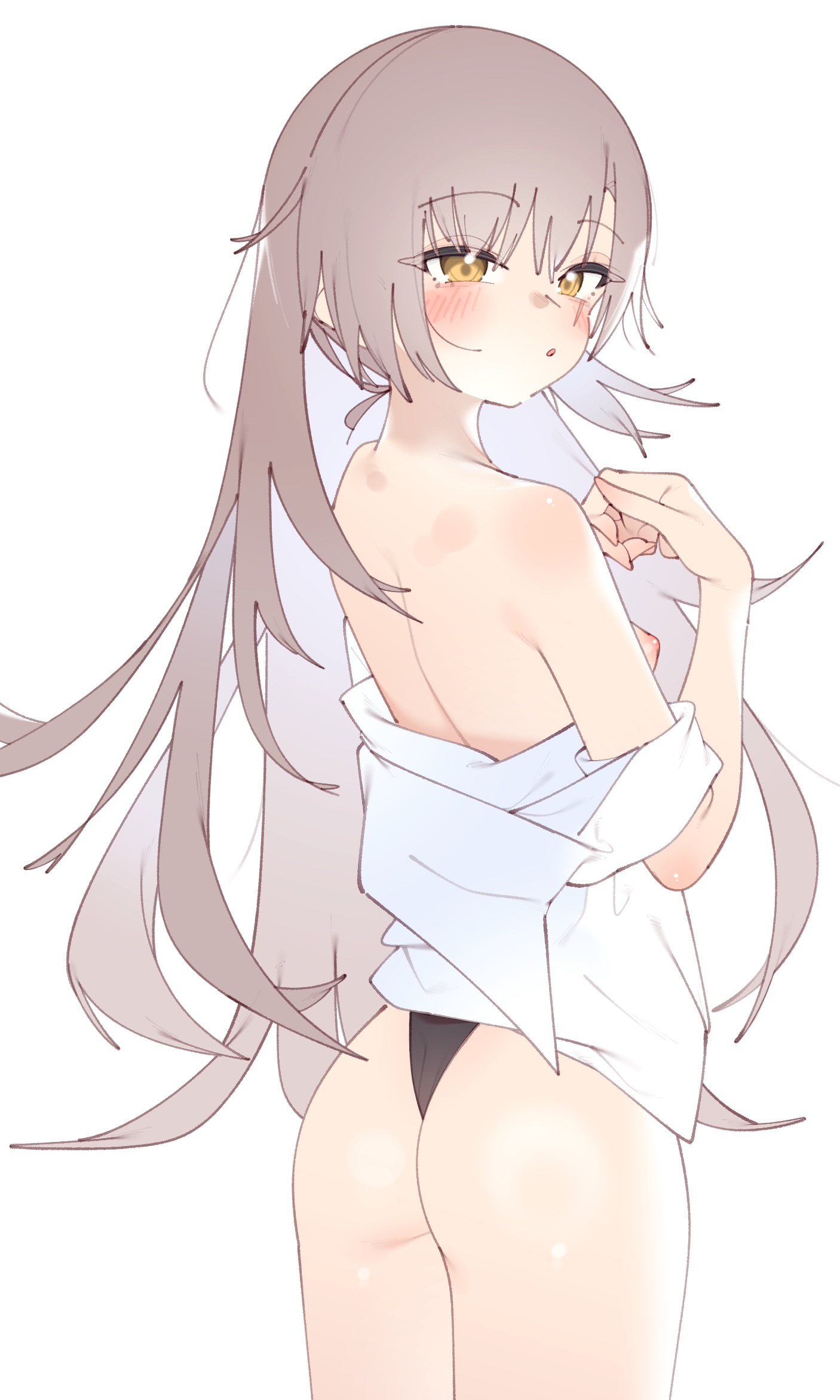 1girls, ass, back, back view, blush, breasts, brown hair, feet out of frame, female, female only, girls' frontline, girls' frontline 2: exilium, leva (girls' frontline 2), long hair, looking at viewer, looking back, nipples, panties, rasusurasu, scar, scar on face, shirt, shirt partially removed, sideboob, small breasts, ump45 (girls' frontline), yellow eyes