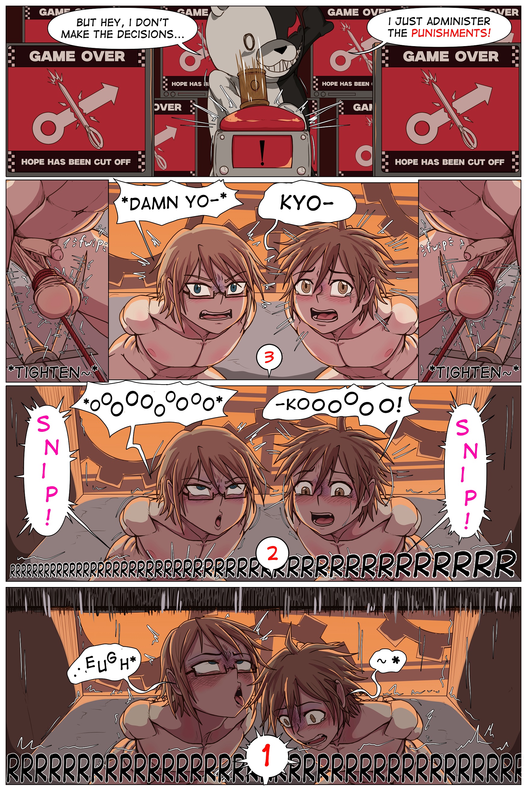 ball torture, castrated, castration, cbt, cock and ball torture, cock and balls torture, comic, cumming, cumming from castration, danganronpa, danganronpa 1, death, full color, guro, imminent death, kiahl, lobsterkiahl, malesub, monokuma, mutilation, naegi makoto, scissors, small penis, togami byakuya