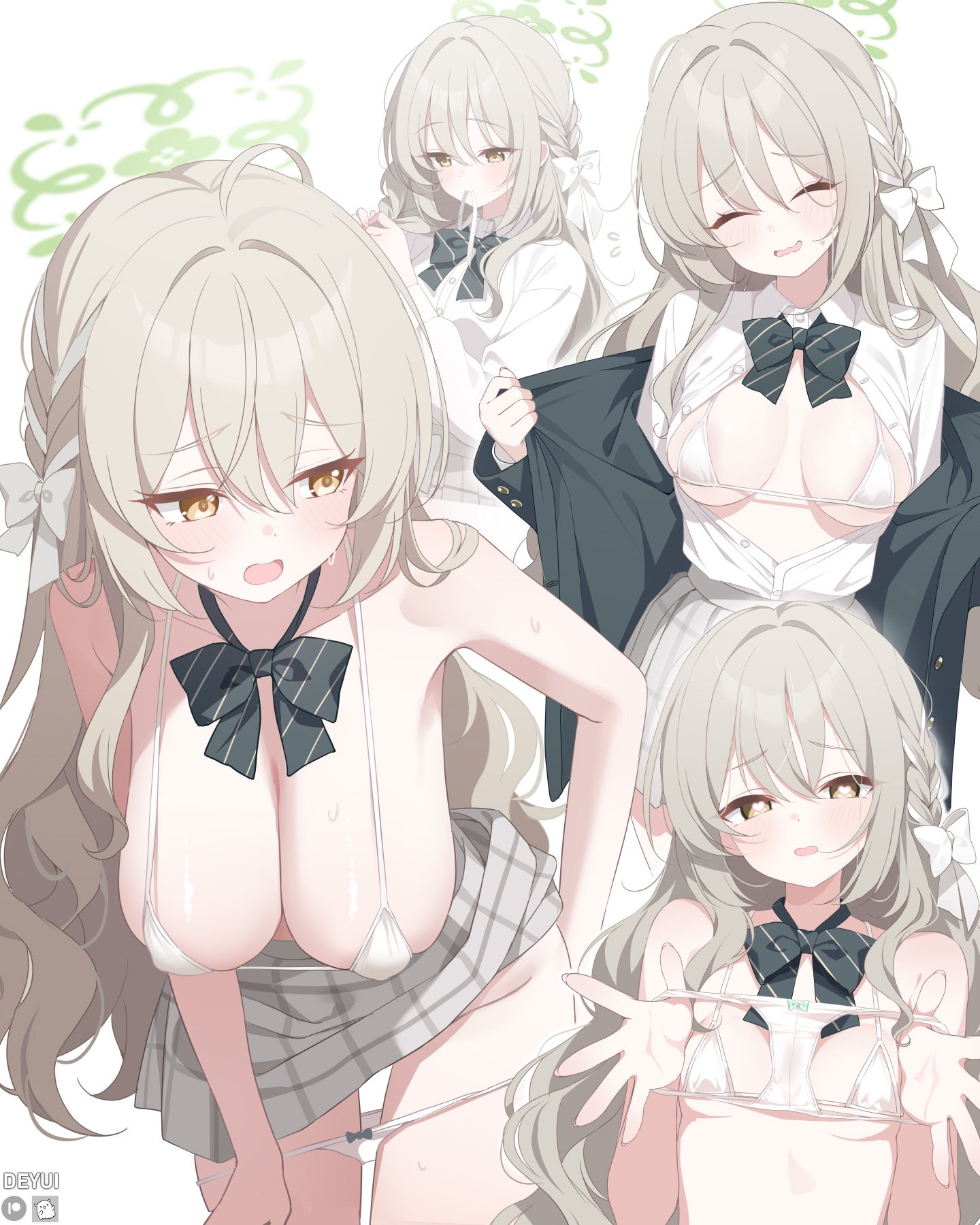 1boy, 1girls, adapted costume, adjusting hair, ahoge, areola slip, artist name, bare shoulders, bikini, black bow, black bowtie, black coat, blue archive, blush, bow, bow panties, bowtie, braid, braiding hair, breasts, brown hair, center opening, cleavage, clothes lift, coat, deyui, diagonal-striped bow, diagonal-striped bowtie, diagonal-striped clothes, doodle sensei (blue archive), embarrassed, english text, female, free trade cartel (blue archive), green eyes, green halo, grey hair, grey skirt, hair between eyes, hair over shoulder, hair tie in mouth, hairbow, hairdressing, halo, hand in own hair, hands in own hair, hanging breasts, heart, heart-shaped pupils, highres, holding, holding own hair, holding panties, holding underwear, holding unworn clothes, large breasts, leaning forward, light skin, light-skinned female, light-skinned male, long hair, looking at viewer, looking to the side, medium breasts, micro bikini, miniskirt, miyo (blue archive), mouth hold, multicolored hair, multiple views, no shirt, open clothes, open coat, open mouth, opened by self, panties, panty pull, partially unbuttoned, pleated skirt, presenting removed panties, puffy nipples, school uniform, sensei (blue archive), shirt, sideboob, simple background, skindentation, skirt, skirt lift, solo focus, speech bubble, stained panties, streaked hair, striped bow, striped bowtie, striped clothes, sweat, sweatdrop, swimsuit, symbol-shaped pupils, tying hair, underwear, undressing, very long hair, white background, white bikini, white bow, white panties, white shirt, wildhunt art academy student, yellow eyes
