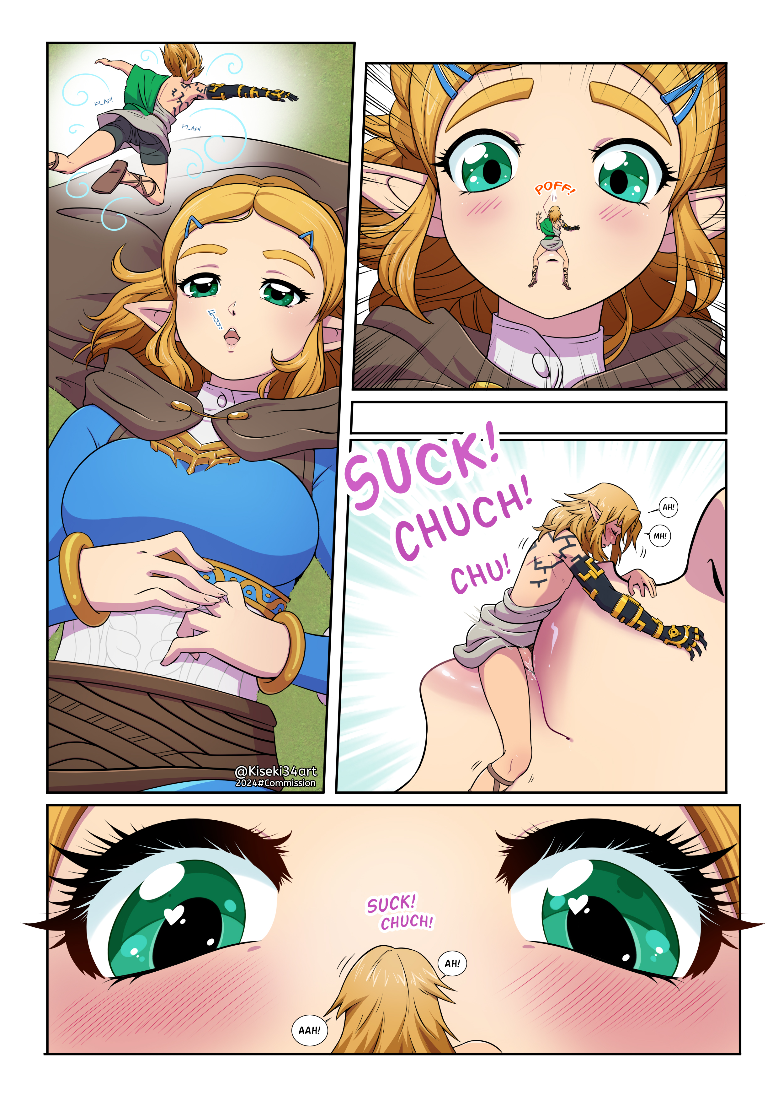 big female, big female small male, big lips than head, blush, bullseye, comic, comic page, cum in mouth, deviantart link, digital art, digital drawing, falling, fellatio, giant lips, giantess, giantess fellatio, green eyes, half naked, hatchika, hearts in eyes, kissing, link, link (tears of the kingdom), micro on lips, micro on macro, nintendo, oversized fellatio, penis, princess zelda, size difference, smaller male, sucking, sucking penis, tears of the kingdom, text, the legend of zelda, tiny male, zelda (tears of the kingdom)