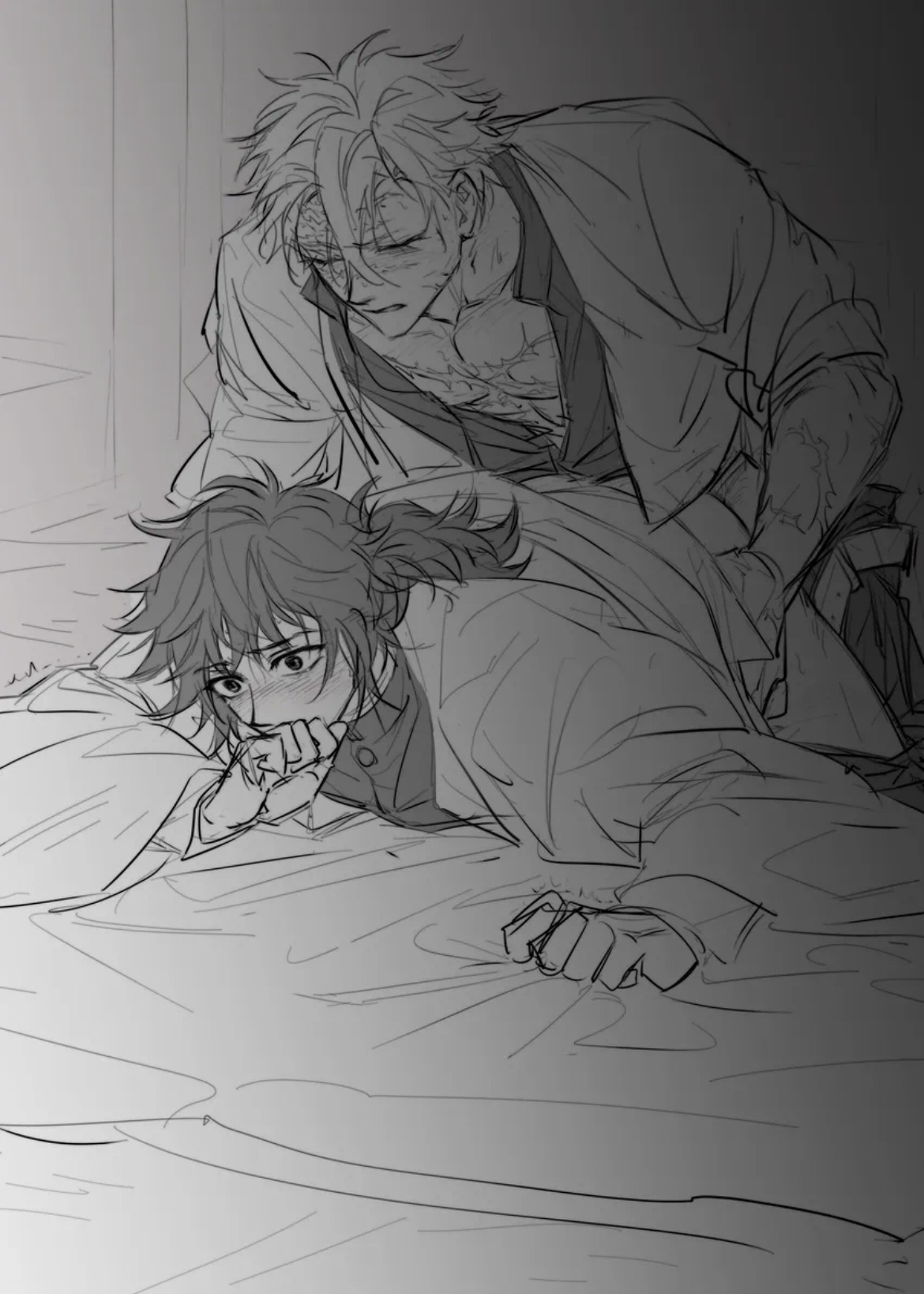 blush, clothed sex, gripping sheets, hand over mouth, kimetsu no yaiba, male/male, quiet sex, sanegiyuu, sanemi shinazugawa, thrusting into ass, tomioka giyuu