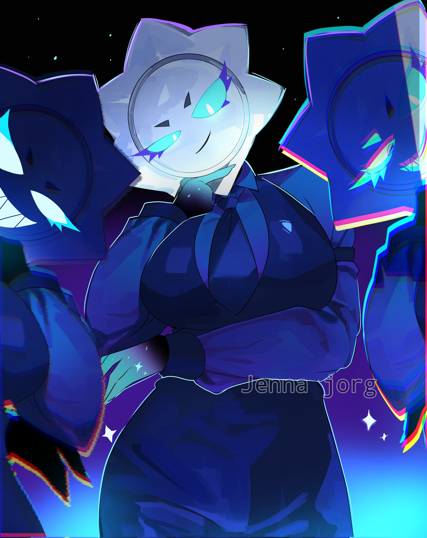1girls, 2d, 2d (artwork), 3girls, brawl stars, chaos drop (brawl stars), clothed, clothed female, clothing, dommy mommy, female, female focus, female only, hand under breasts, huge breasts, humanoid, jenna jorg, looking at viewer, looking down, pushing breasts up, starr drop (brawl stars), suggestive, suggestive look, suit, suit and tie, supercell