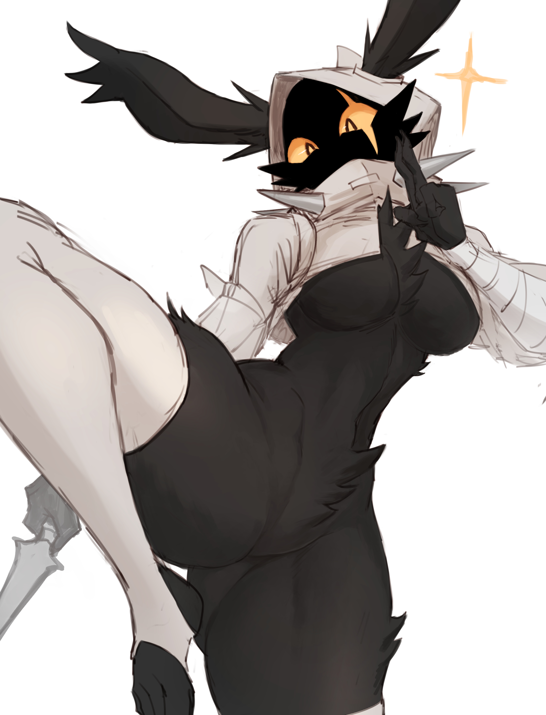 1girls, anthro, black body, black fur, breasts, bunny, bunny ears, bunny girl, cropped jacket, female, female focus, female only, fur, furry, furry female, furry only, hood up, hoodie, kil vi, looking at viewer, original character, scar across eye, sookmo, spiked collar, thick thighs, tuft, yellow sclera