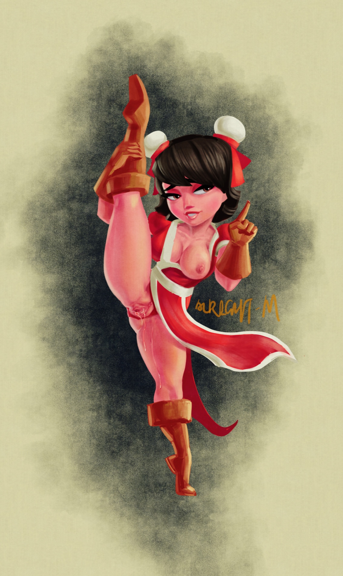 1girls, 2d, 2d (artwork), bedroom eyes, breasts, breasts out, breasts out of clothes, chun-li (cosplay), clash (series), clash royale, clothing, dripping, dripping pussy, female, female focus, female only, holding, holding leg, holding legs, looking at another, princess (clash royale), red princess (clash royale), revealing clothes, royalty, split form, splits, splits position, street fighter, supercell, useless clothing, vagina, wet, wet pussy