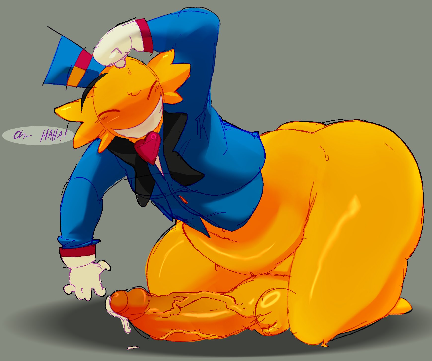 1boy, ass, balls, big ass, big butt, big penis, blush, blush lines, bottomless, bottomless male, chubby, chubby male, cum, dialogue, fortnite, male, male only, penis, silasstockin, smile, smiling, solo, solo male, text, wonkee (fortnite), yellow body, yellow skin