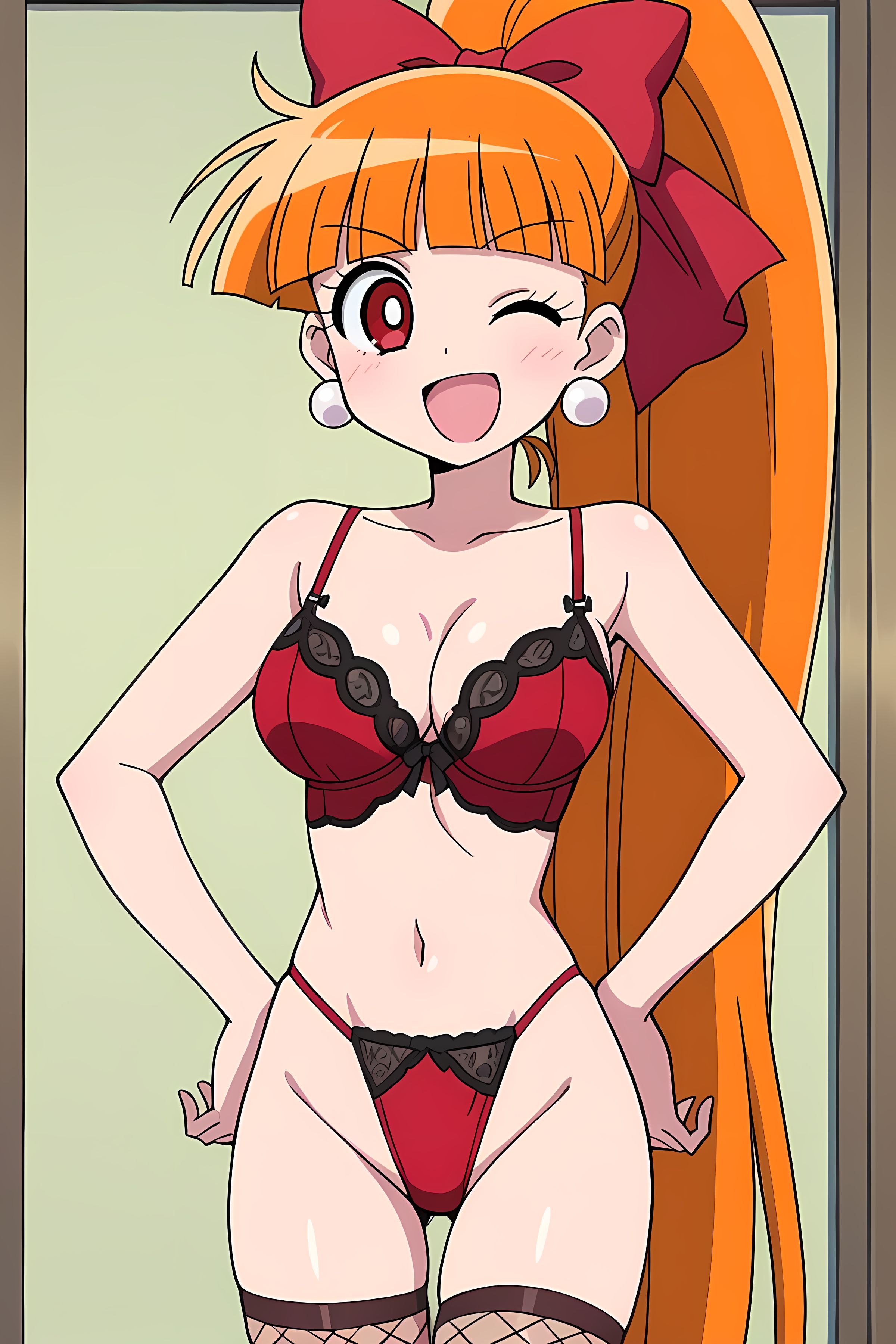 ai generated, blossom (powerpuff girls), bra, breasts, full body, happy, lingerie, powerpuff girls, powerpuff girls z, smile, teksavart2, thong, wink