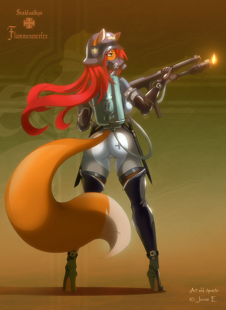 anthro bottomless canine female fire flamethrower fox fur furry gas_mask hair helmet jessica_elwood matypup military nazi orange pussy red_hair solo standing tail tattoo unconvincing_armour weapon world_war_2 yellow_eyes