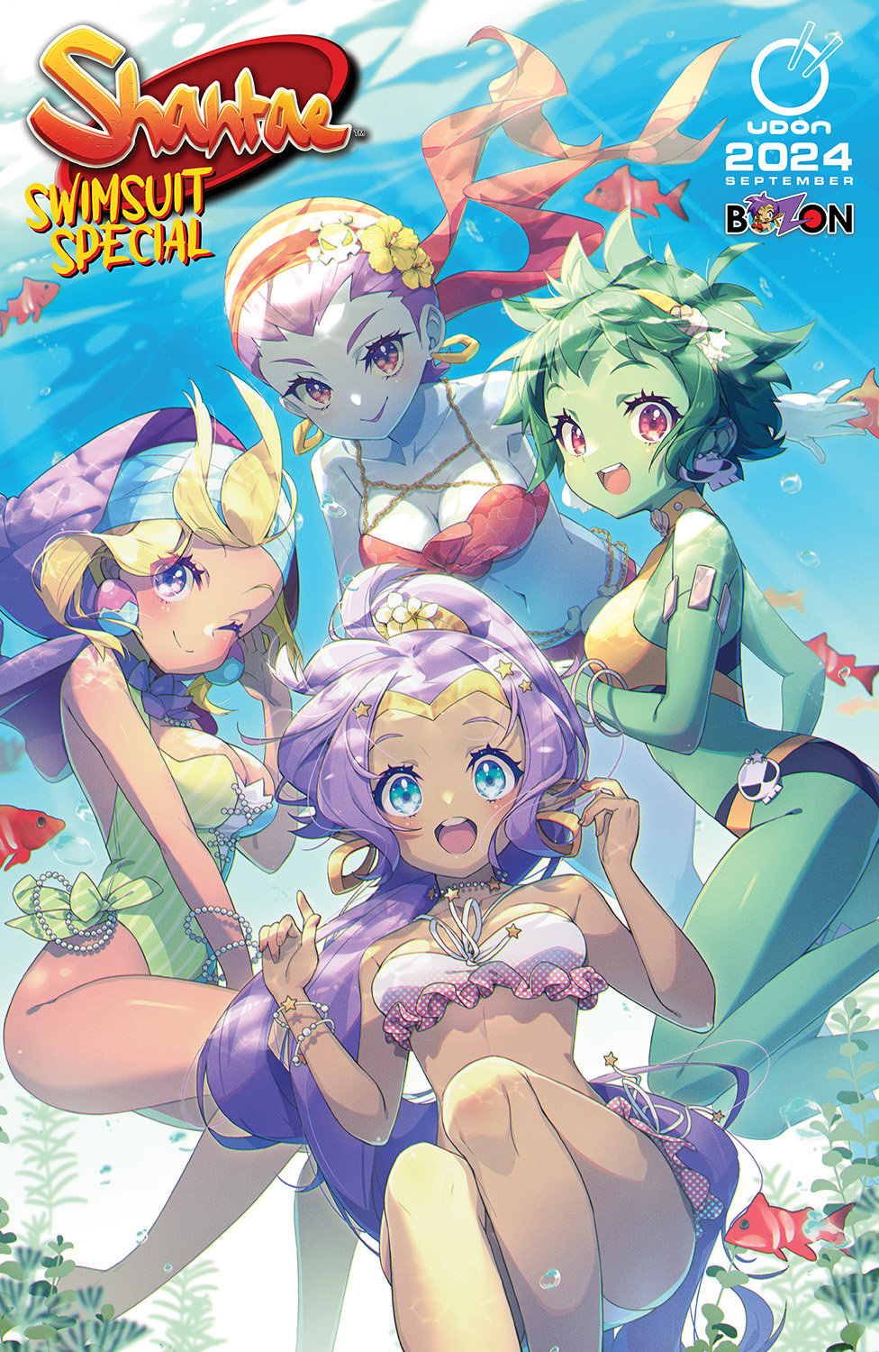 4girls, aki (aki mechdoll), bandana, big breasts, bikini, blonde hair, blue eyes, bracelet, bracelets, breasts, clam shell, cleavage, colored skin, dark skin, dark-skinned female, earrings, female, female only, fish, flower in hair, green hair, green skin, green swimsuit, hair up, hairband, high ponytail, highres, hoop earrings, jewelry, large breasts, looking at viewer, medium breasts, multicolored bikini, multicolored swimsuit, multiple girls, official art, one-piece swimsuit, pearl necklace, ponytail, purple bikini, purple eyes, purple hair, red bikini, red eyes, risky boots, rottytops, shantae, shantae (character), sky (shantae), smile, stitched arm, stitches, swimsuit, thighs, underwater, wayforward, yellow bikini, zombie