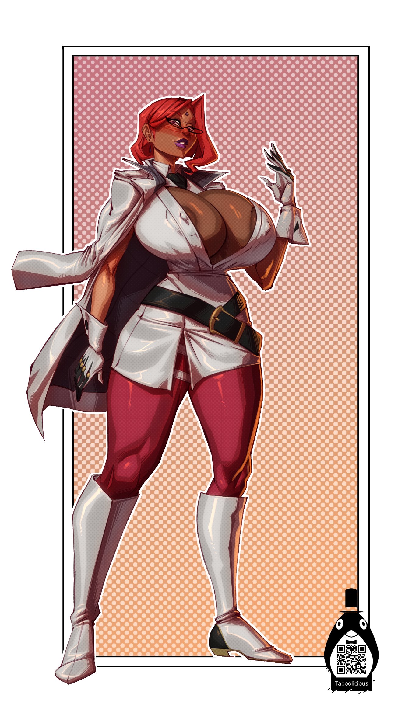 1girls, areolae, areolae slip, areolae visible through clothing, big breasts, boots, breasts, cosplay, crimson viper (cosplay), dark skin, dark-skinned female, earrings, female, female only, final fantasy, final fantasy xiv, glasses, gloves, huge breasts, jacket on shoulders, large breasts, milf, nipples, original character, purple lipstick, red hair, roegadyn, short hair, skirt, soothing ruby, street fighter, street fighter 6, taboolicious, white boots