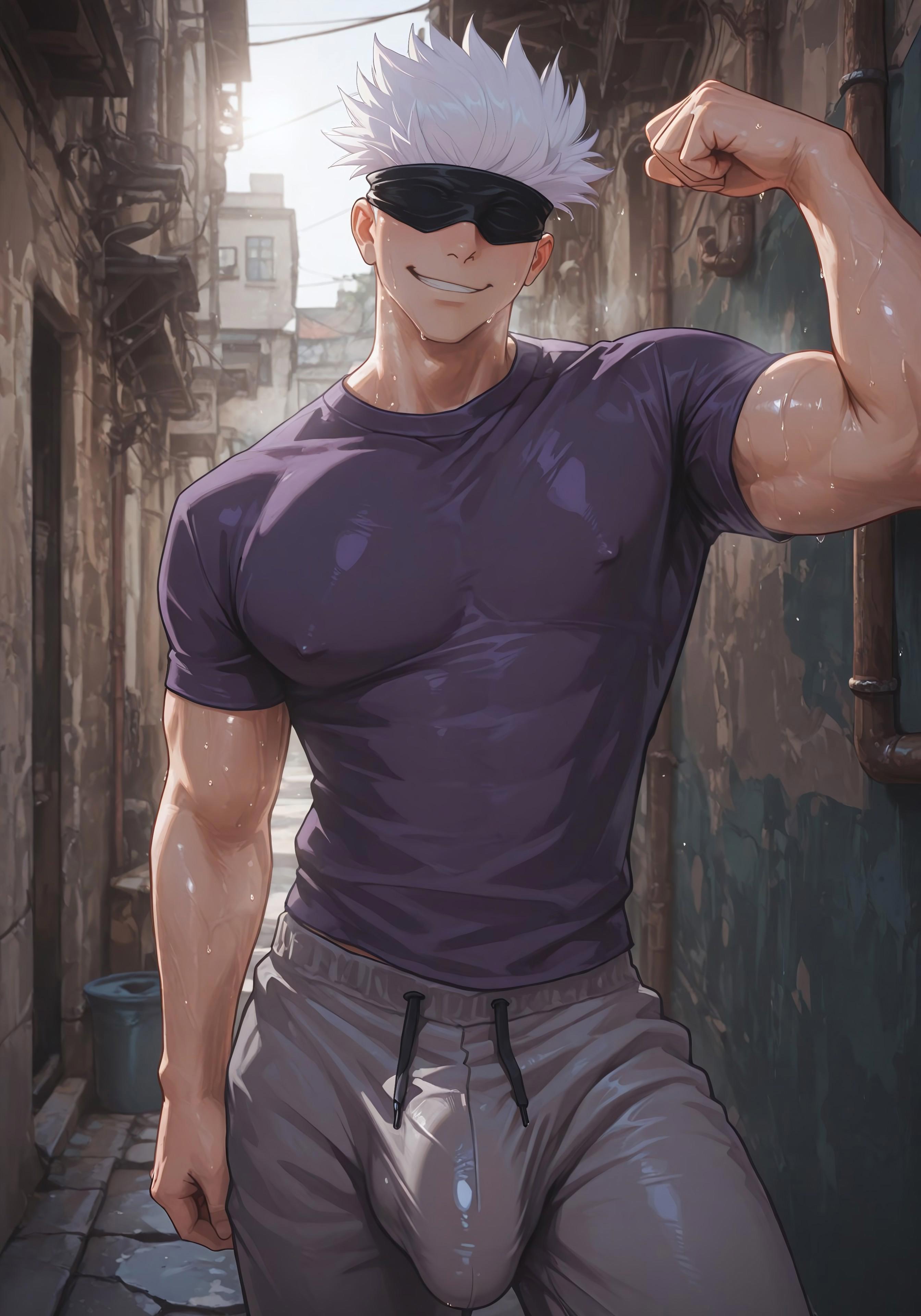 1boy, abs, ai generated, baggy clothing, baggy pants, big bulge, blindfold, blindfolded, blush, bulge, bulge through clothing, civitai, flexing, flexing bicep, gojou satoru, jujutsu kaisen, light skin, light-skinned male, long hair, male, male only, muscles, muscular, muscular male, nipples, outside, pants, pecs, pointy hair, public, satoru gojo, smile, smiling, smiling at viewer, smirk, solo, solo focus, solo male, spiky hair, street, t-shirt, teasing, teasing viewer, thesatyrboi, wet, wet body, wet clothes, wet skin, white hair, workout, workout clothes
