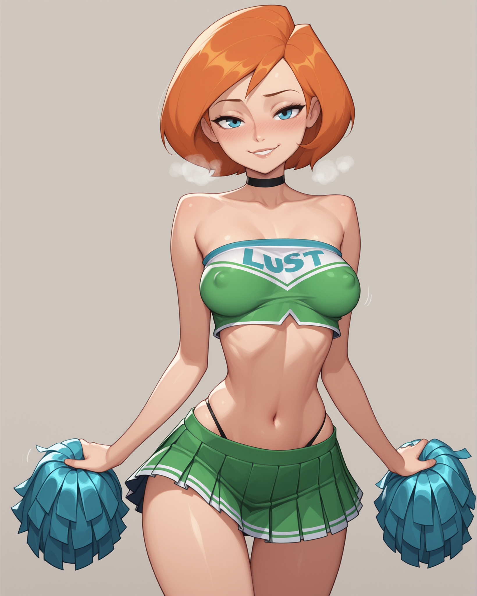 1girls, ai generated, ann possible, bare arms, bare shoulders, bedroom eyes, belly button, blue eyes, blush, breasts, cheerleader, cheerleader uniform, choker, clothes writing, covered nipples, disney, female, heavy breathing, kim possible, looking at viewer, lust, midriff, milf, miniskirt, navel, notreallyhere, orange hair, parted lips, pleated skirt, pom pom (clothes), pom poms, seductive look, short hair, simple background, smile, solo, thigh gap, thighs, thong, thong straps, tube top