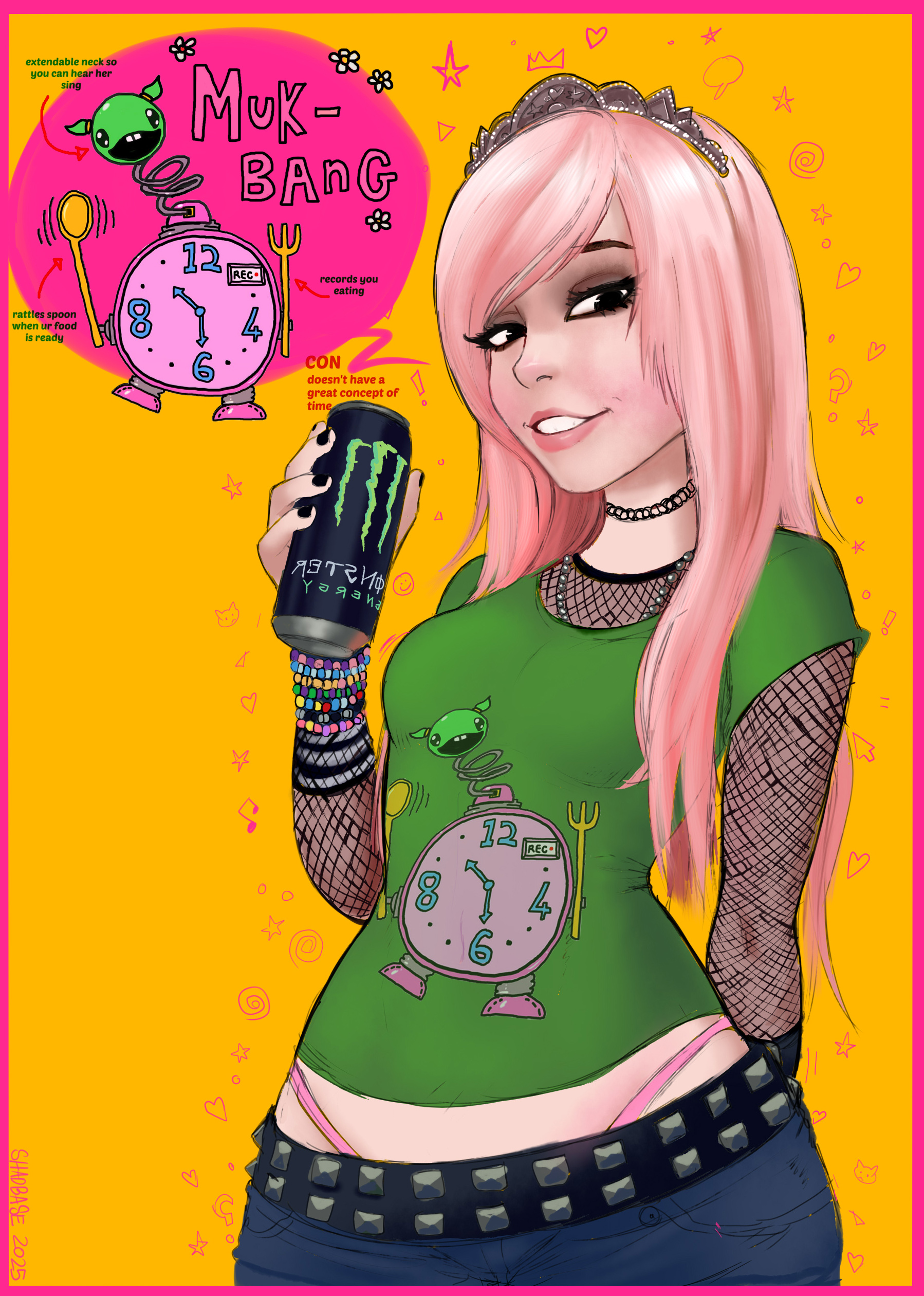 belle delphine, choker, fishnets, monster energy, non nude, pink hair, shadman, simple background, whale tail (clothing)