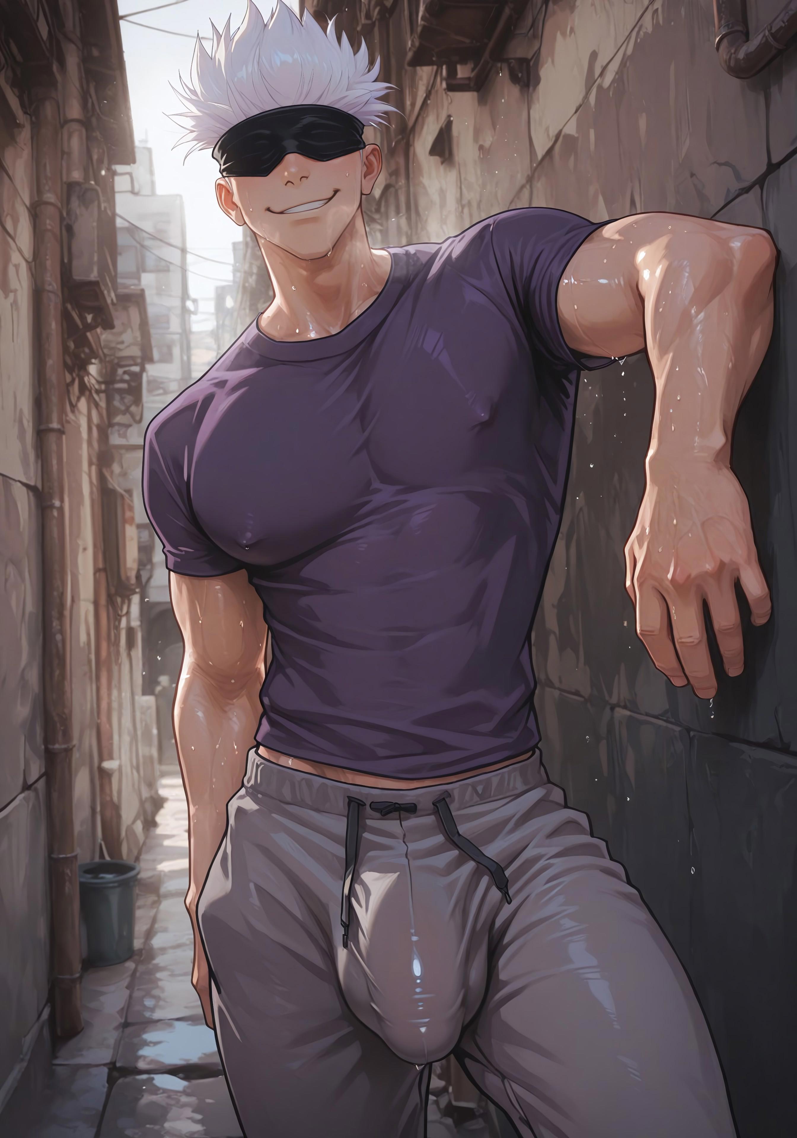 1boy, abs, ai generated, baggy clothing, baggy pants, big bulge, blindfold, blindfolded, blush, bulge, bulge through clothing, civitai, flexing, flexing bicep, gojou satoru, jujutsu kaisen, light skin, light-skinned male, long hair, male, male only, muscles, muscular, muscular male, nipples, outside, pants, pecs, pointy hair, public, satoru gojo, smile, smiling, smiling at viewer, smirk, solo, solo focus, solo male, spiky hair, street, t-shirt, teasing, teasing viewer, thesatyrboi, wet, wet body, wet clothes, wet skin, white hair, workout, workout clothes