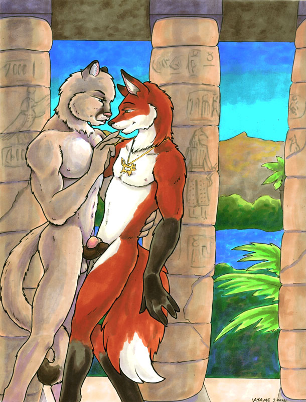 2004 anthro ayame_emaya canine cougar feline fox fur furry furry_only gay interspecies male necklace temple treth