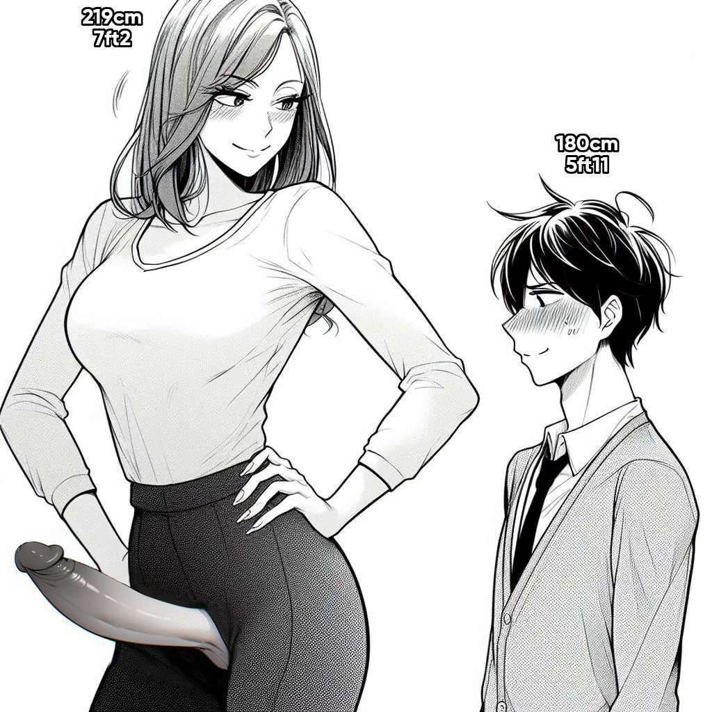 ai generated, blush, clothed, clothing, futa on male, futadom, futanari, height, height comparison, height difference, huge cock, large penis, larger female, larger futa, monochrome, penis, shorter male, size difference, smaller male, spalela, tall, taller female