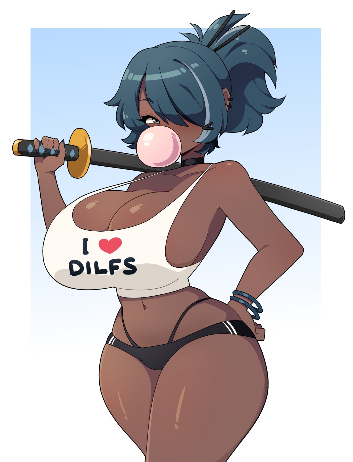 1girls, big breasts, blue hair, bracelets, bubble gum, choker, cleavage, dark blue hair, dark skin, dark-skinned female, female, female only, green eyes, hair over one eye, hand on hip, hi res, huge breasts, j5daigada, katana, looking at viewer, micro shorts, narrowed eyes, ponytail, solo, sword, tank top, text on clothing, thick thighs, thong, tied hair, weapon over shoulder, wide hips