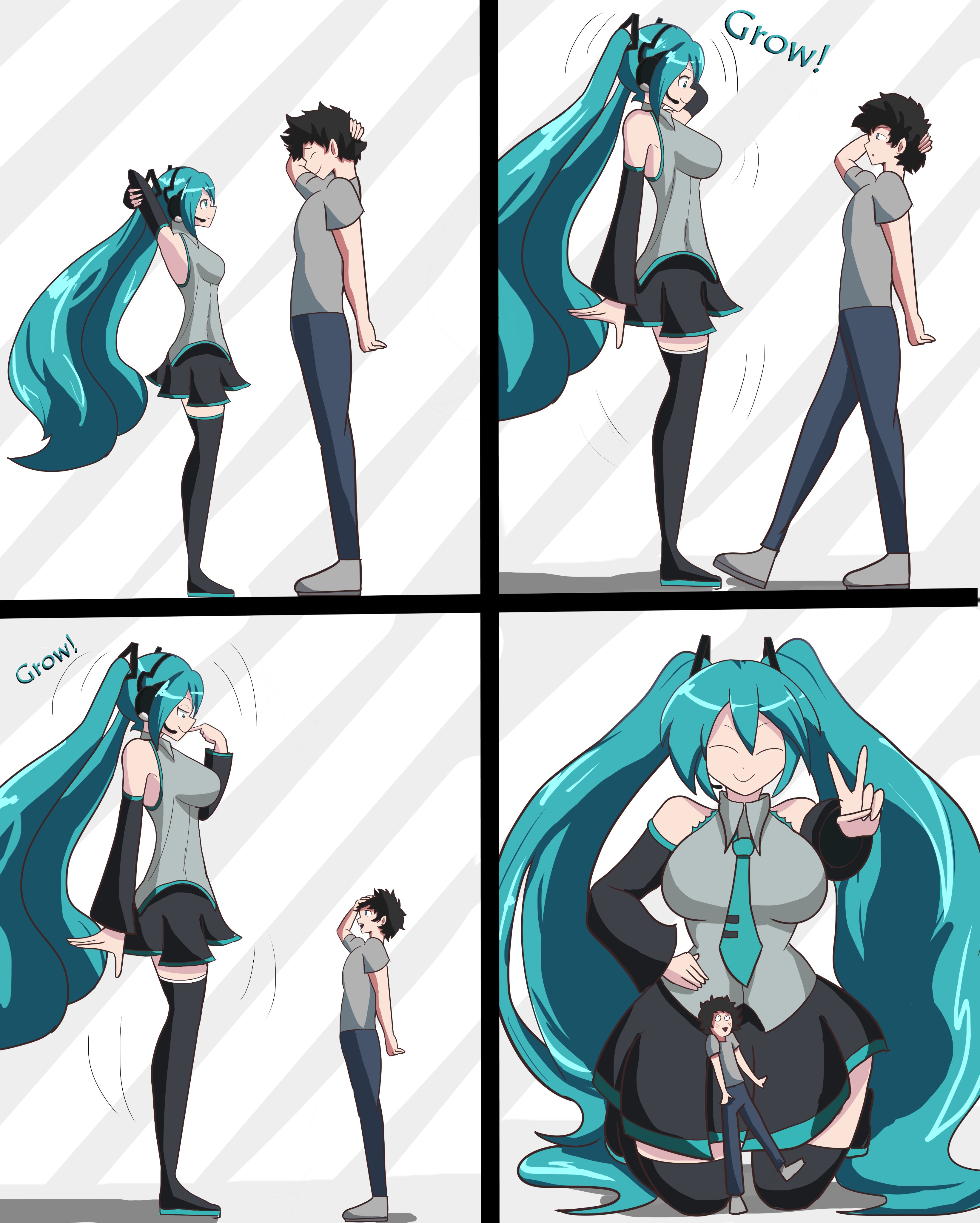 1boy, 1girl, 1girls, aqua hair, big breasts, black hair, black hair male, blue hair, blue hair female, breasts, closed eyes, clothed, clothed female, clothed male, comic, comission, detached sleeves, english text, female, hatsune miku, height growth, height increase, lamedasize, large breasts, light skin, light-skinned female, light-skinned male, long hair, long hair female, male, miku hatsune, necktie, short hair, short hair male, size difference, skirt, smile, thighhighs, twintails, v, very long hair, vocaloid