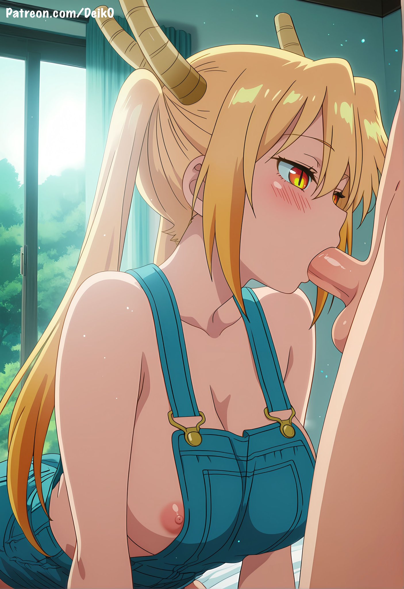 ai generated, blonde hair, blowjob, day, deik0, dragon girl, dragon horns, fellatio, horns, indoors, large breasts, long hair, miss kobayashi's dragon maid, nipple slip, oral, overalls only, sidelocks, solo focus, straight, sucking, sucking penis, tohru (dragon maid), two-tone hair, yellow eyes