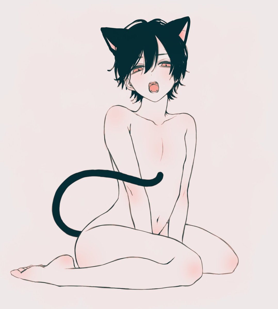 cat boy, cat ears, cat tail, cute, cute boy, cute male, femboy, feminine male, kneeling, sitting, twink, yawn, yawning