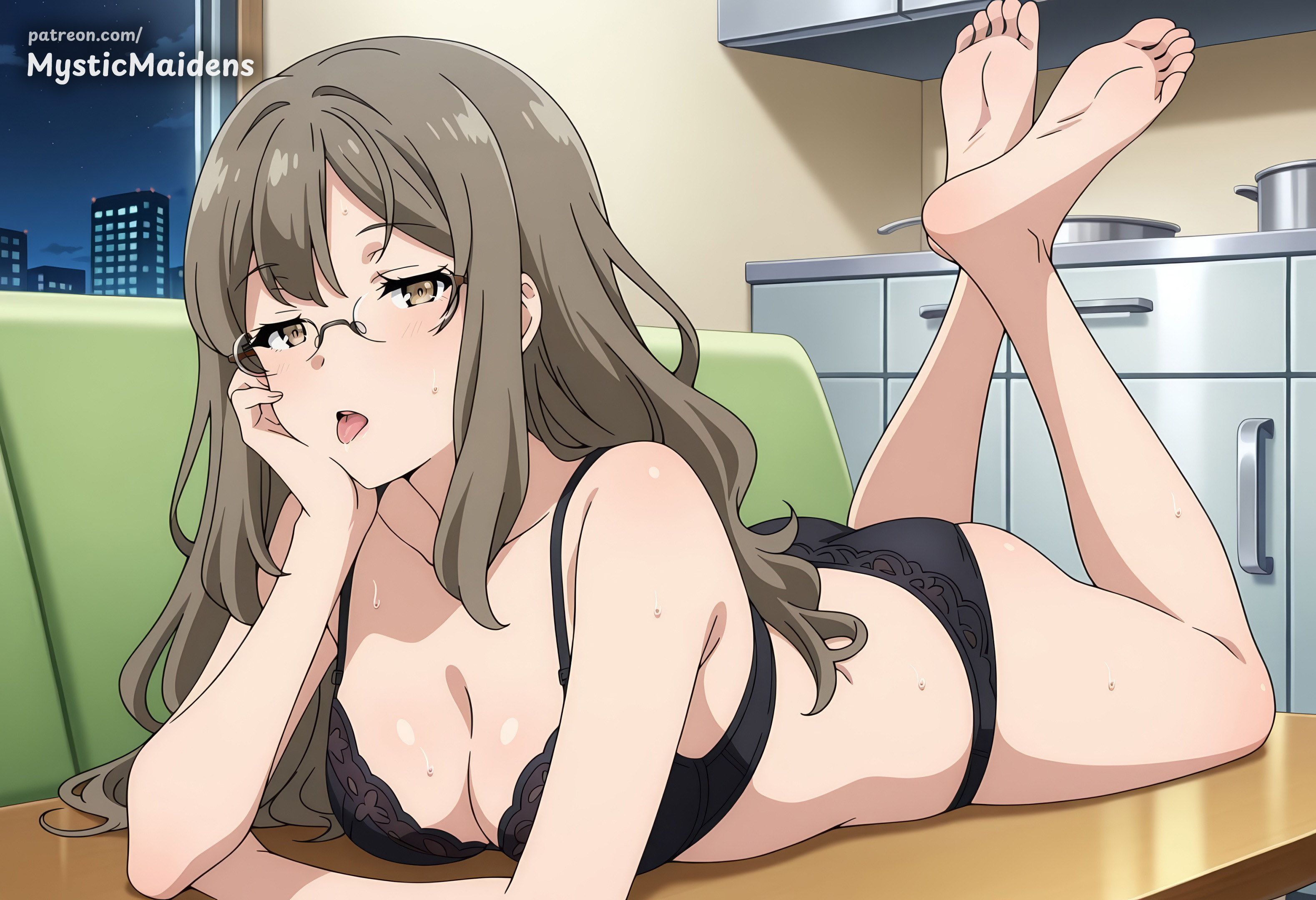 ai generated, anime, anime style, ass, barefoot, black bra, black panties, bra, breasts, brown eyes, brown hair, cleavage, collarbone, couch, fanbox username, feet, feet up, female, futaba rio, glasses, hentai, hi res, indoors, large breasts, long hair, looking at viewer, lying, mature female, mystic maidens, night, on couch, on stomach, open mouth, panties, patreon, seishun buta yarou wa bunny girl senpai no yume wo minai, soles, solo, sweat, the pose, toes, tongue, tongue out, underwear, underwear only