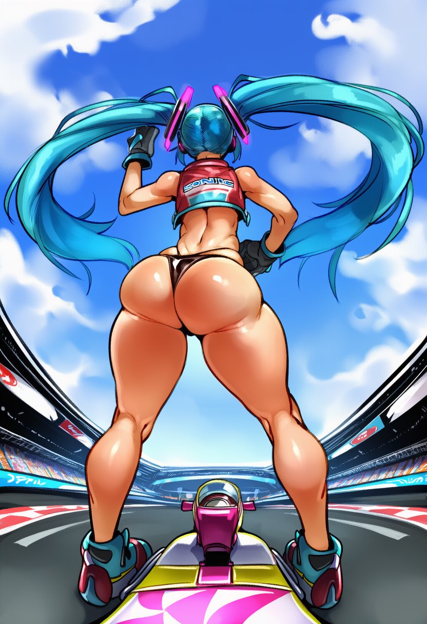1girl, ai generated, aqua hair, ass, ass focus, assidicgoon, back view, backless outfit, bare shoulders, behind, behind view, big ass, big butt, blue hair, blue sky, car, cloud, crowd, crowd watching, curvy, curvy figure, day, extreme gear, fat ass, female, female focus, female only, from behind, full body, gloves, ground vehicle, hand on hip, hatsune miku, hatsune miku (sonic racing crossworlds), kneepits, legs, long hair, open clothes, outdoors, panties, petite, plump, plump ass, pose, posing for the viewer, public, race, racetrack, sega, sexy, sexy pose, shiny, shiny hair, shiny skin, shoes, skimpy, skimpy clothes, skimpy outfit, skimpy underwear, skinny, sky, smooth skin, sneakers, solo, solo female, solo focus, sonic (series), sonic racing crossworlds, sonic the hedgehog (series), standing, string panties, tan, thick ass, thick thighs, thighs, thin waist, thong, tight clothing, twintails, underwear, very long hair, viewed from below, vocaloid