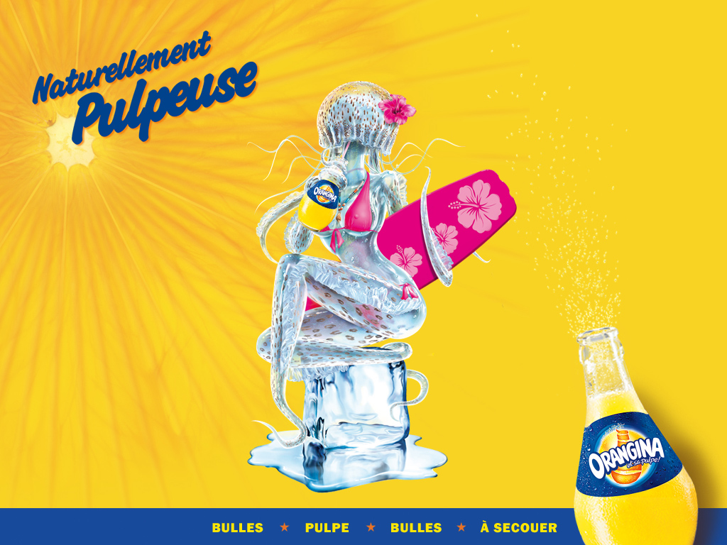 4:3 advertisement anthro bikini drink female ffl_paris flower french glass_bottle ice_cube jellyfish necklace orangina pink_bikini poster skimpy solo surfboard tentacle transparent wallpaper what yellow_background