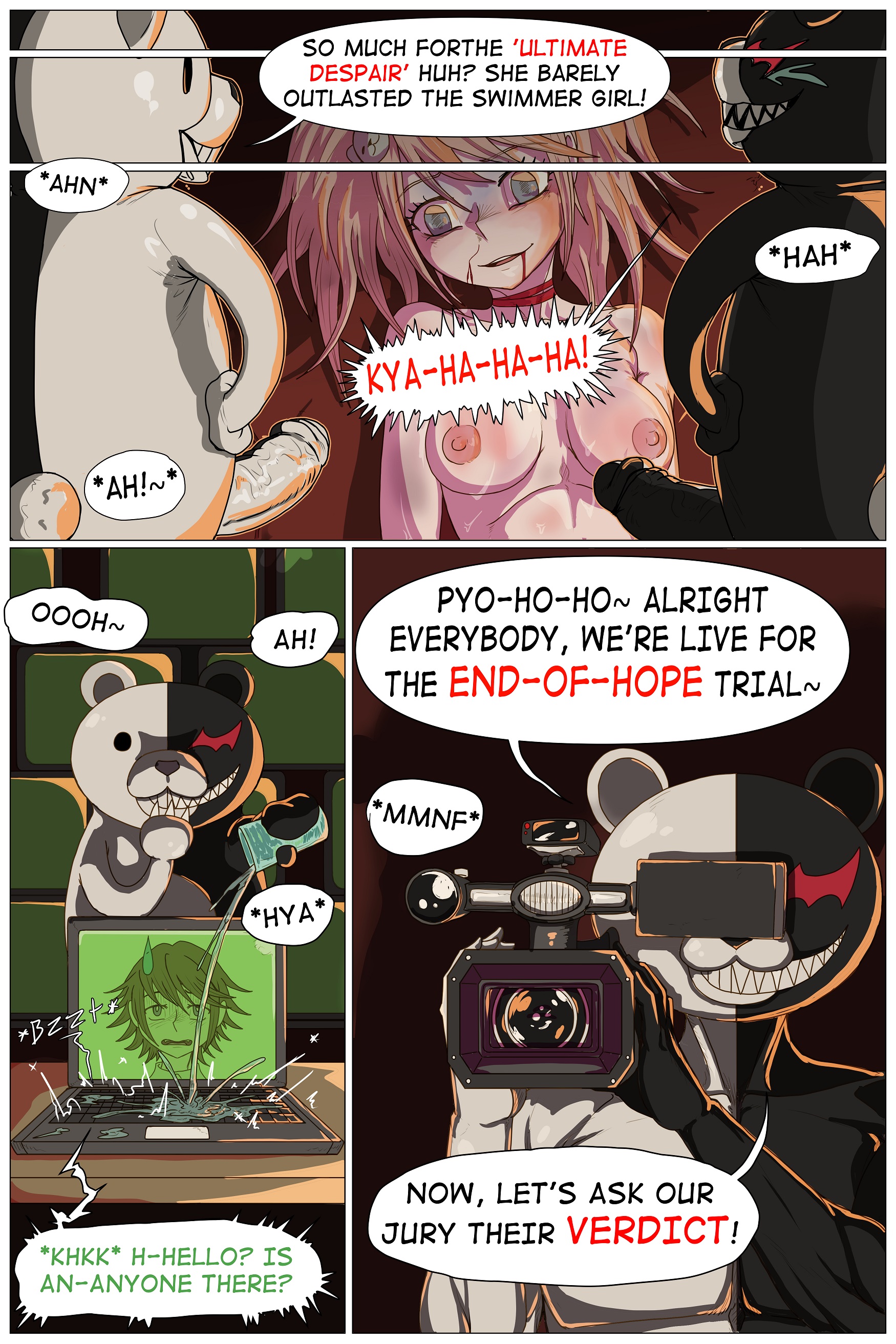 big penis, comic, danganronpa, danganronpa 1, dead eyes, death, enoshima junko, female, female death, filming, fujisaki chihiro, full color, junko enoshima, kiahl, laptop, lobsterkiahl, mmf threesome, monokuma, snuff, threesome