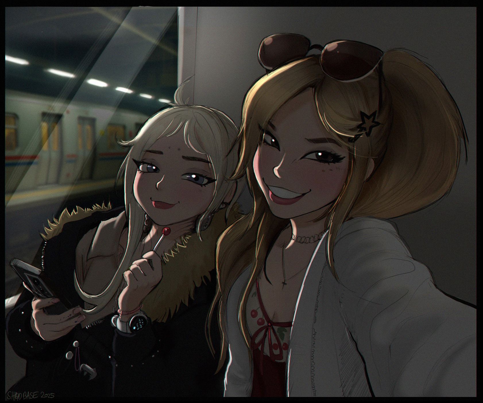 2girls, belle delphine, blonde hair, shadman, sunglasses, sunglasses on head, train station