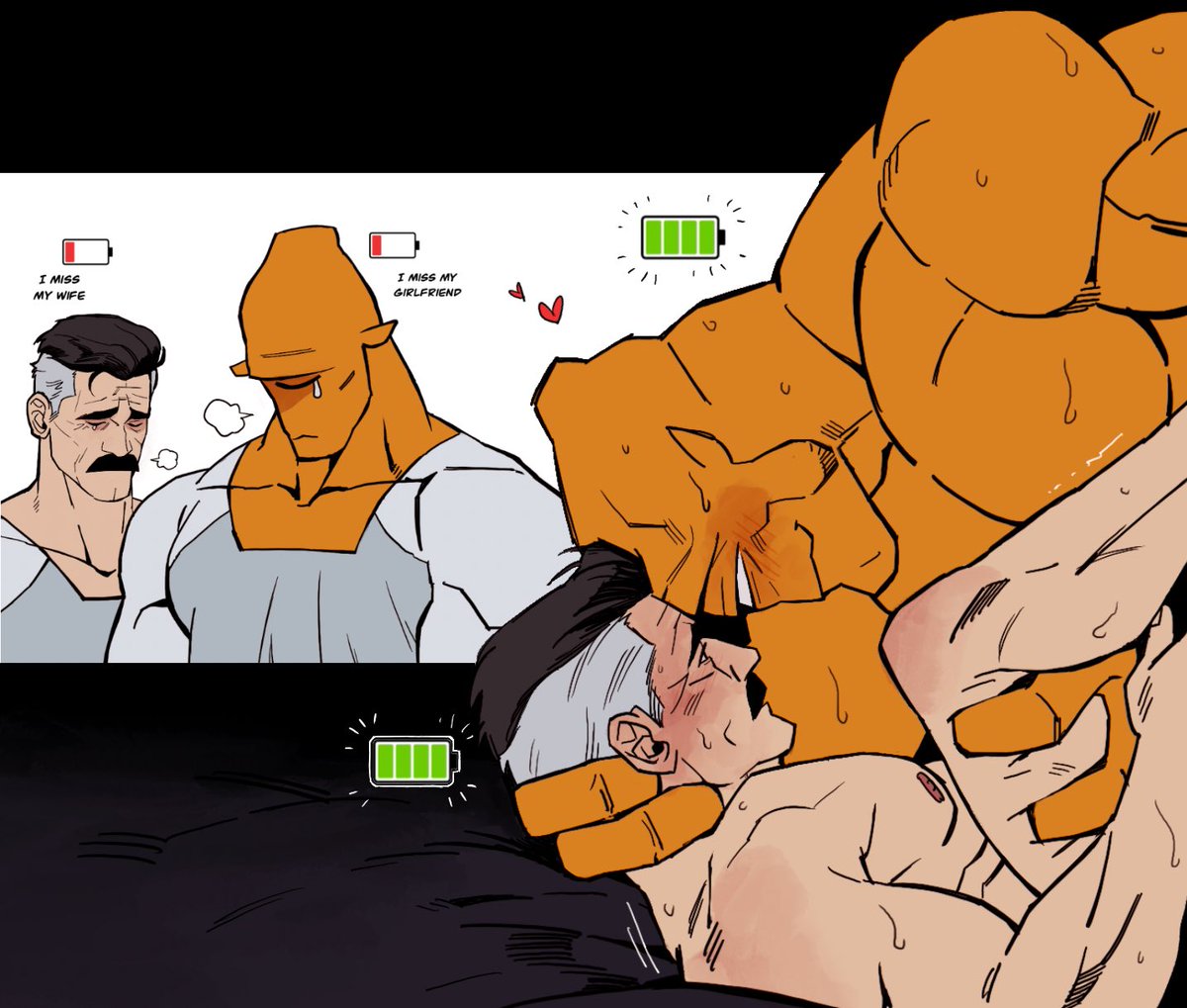 allen the alien, bara, bonjourdraws, daddy, dilf, gay, heart, heart symbol, implied penetration, implied sex, invincible, invincible (tv series), male, male only, moustache, muscles, muscular, muscular male, nolan grayson, omni-man, one eye, orange body, orange skin, passionate, romantic, size difference, tear