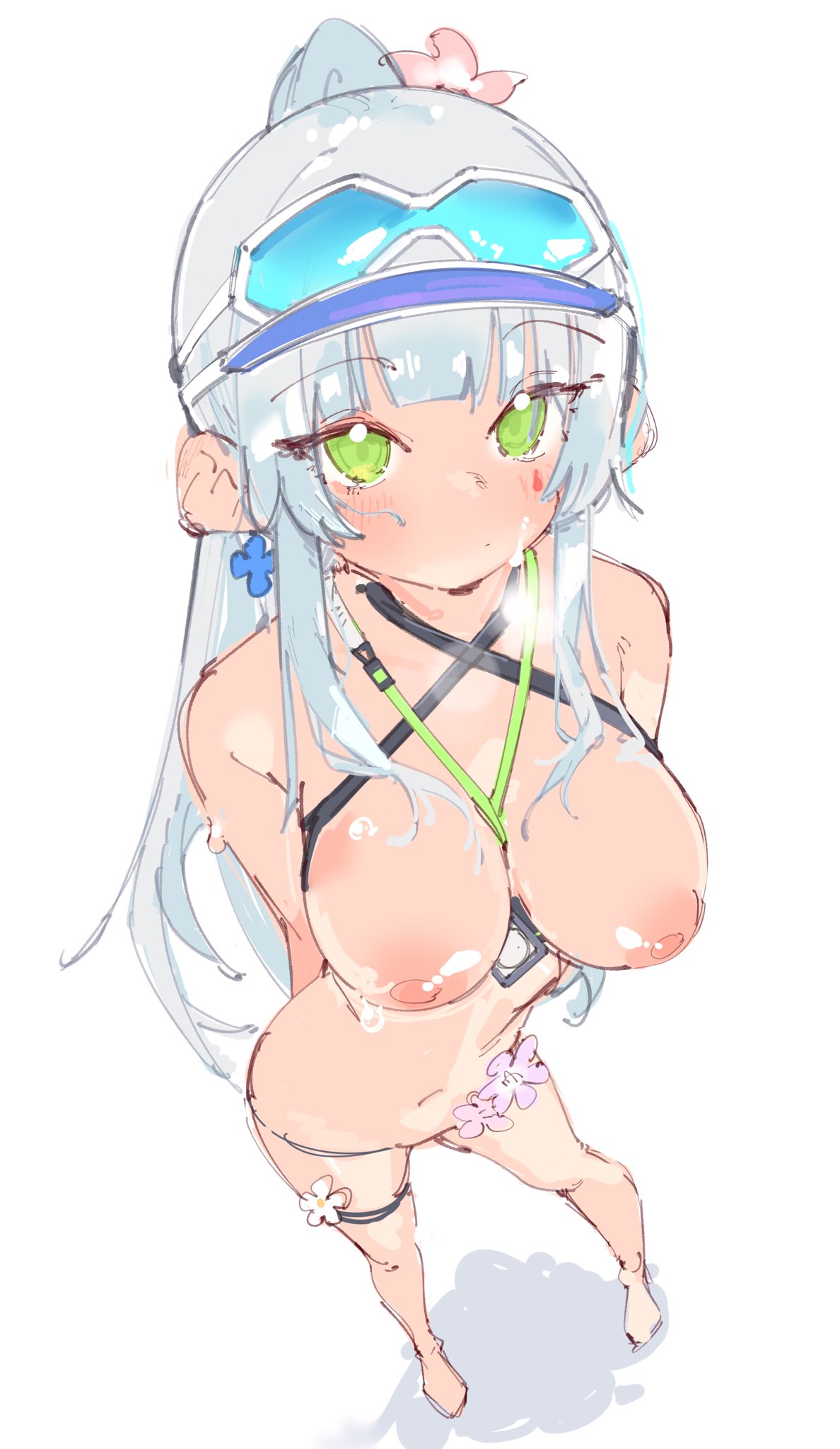 1girls, big breasts, blush, bottomless, breasts, cleavage, female, female only, flower, flower in hair, functionally nude, girls' frontline, girls' frontline 2: exilium, goggles, goggles on head, green eyes, grey hair, hk416 (girls' frontline), klukai (cerulean breaker) (girls' frontline 2), klukai (girls' frontline 2), lanyard, lanyard between breasts, large breasts, long hair, looking at viewer, naked, navel, nipples, nude, official alternate costume, ponytail, rasusurasu, sweat, sweatdrop, swimsuit, teardrop facial mark, topless, viewed from above, visor cap