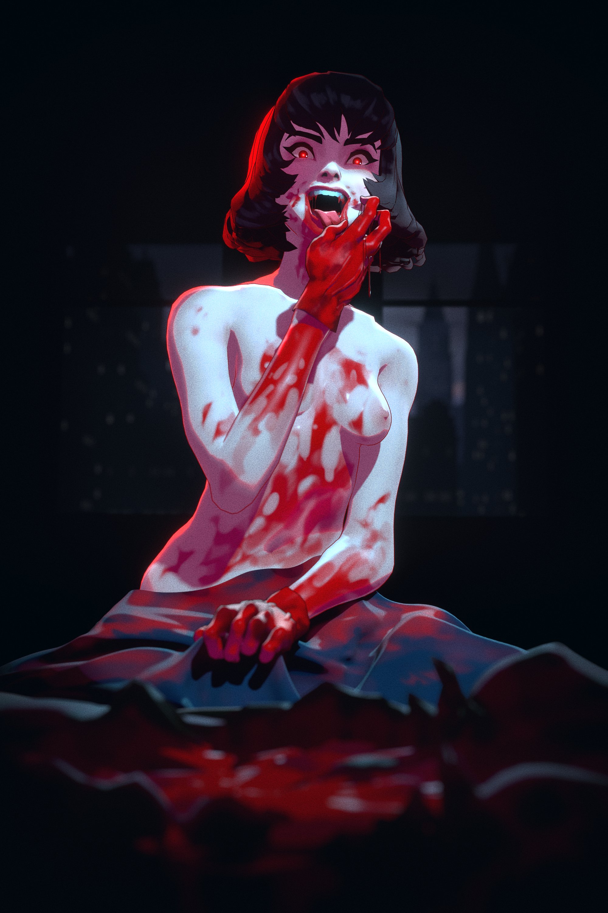1girls, 3d, 3d (artwork), artist request, asian, asian female, bangs, black hair, blender, blood, breasts, deadlock, fangs, female, female only, gloves, licking, licking hand, mina (deadlock), mina ha, naked, naked female, nipples, nude, nude female, red eyes, sitting, solo, topless, valve, vampire