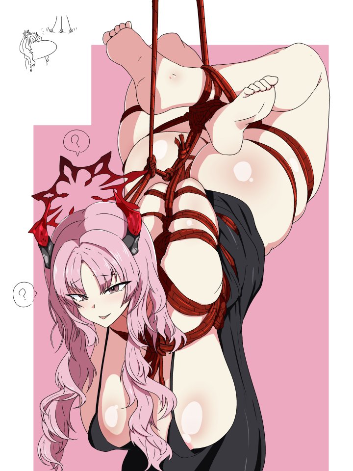 1girls, big ass, big breasts, blue archive, bondage, bound, confused, dress, female, female only, femsub, gehenna academy student, halo, hanging, hanging breasts, horns, hypnosis, legion0w0, nipple outline, rope, satsuki (blue archive), tied up