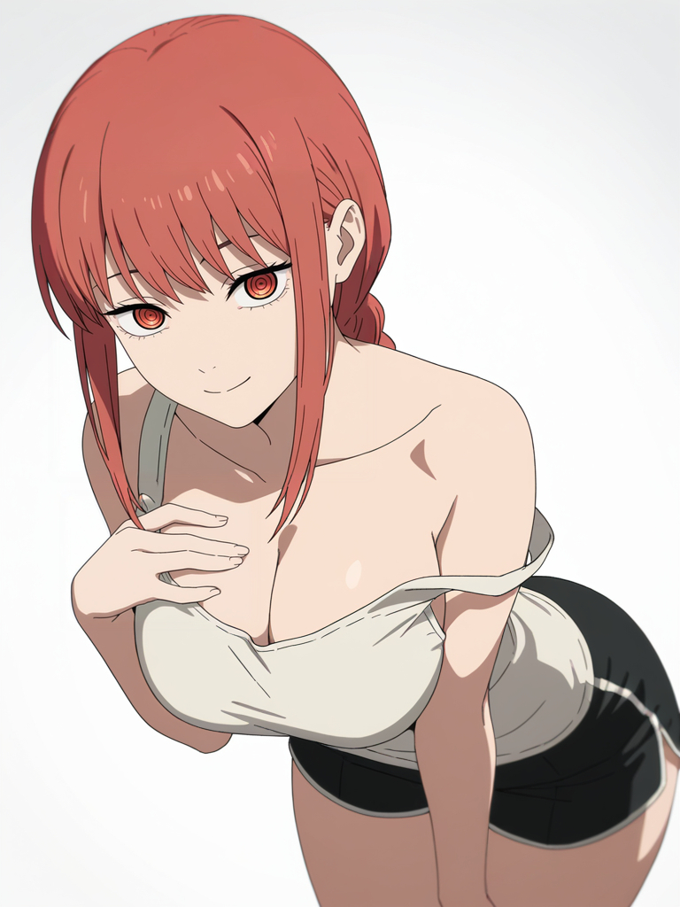 1girls, ai generated, booty shorts, chainsaw man, hand on breast, kreivan, makima (chainsaw man), plain background, red hair, solo
